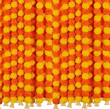 OCTERIC 6 Pcs 5 Feet Long Strands Marigold Flowers Garland with Bell Indian Wedding Decoration Artificial Decorations for Altar Faux Flower for Diwali, Pooja, Bush Floral Party Dark Orange, Yellow