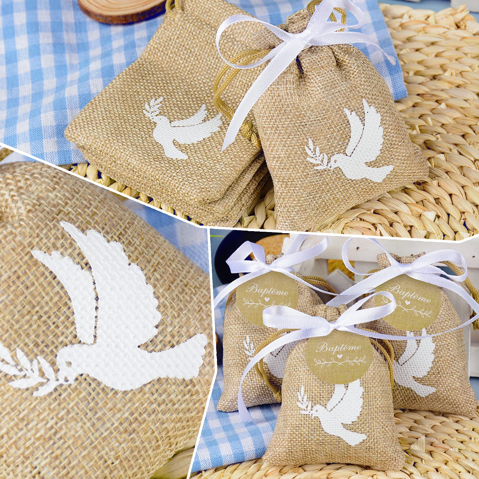 20Pcs Sachet Jute 20Pcs Etiquette Baptême Pochette Dragée Motif Colombe Cadeau Invité Décoration pour Baptême avec Ruban