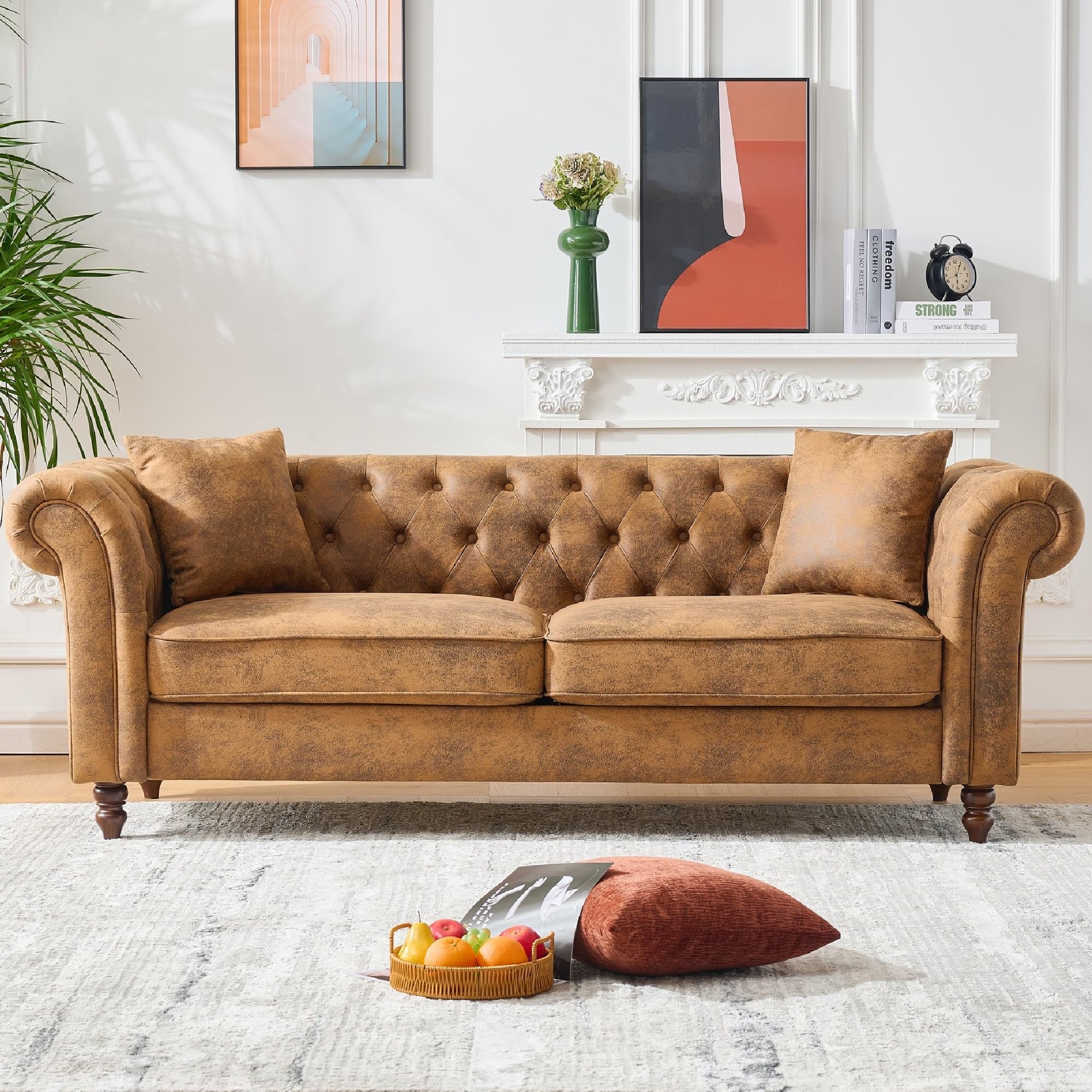 KEIKI 83" ‌Luxury Chesterfield Leather Sofa, Mid Century Modern 3 Seater Couch w/Roll Armrest, Comfy Sleeper Cloud Couches SofaBed for Office,