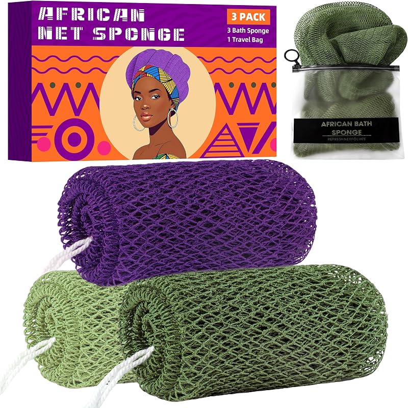 BHYTAKI Esponja de Banho em Rede Africana 3 Unidades Verde, Verde e Roxa