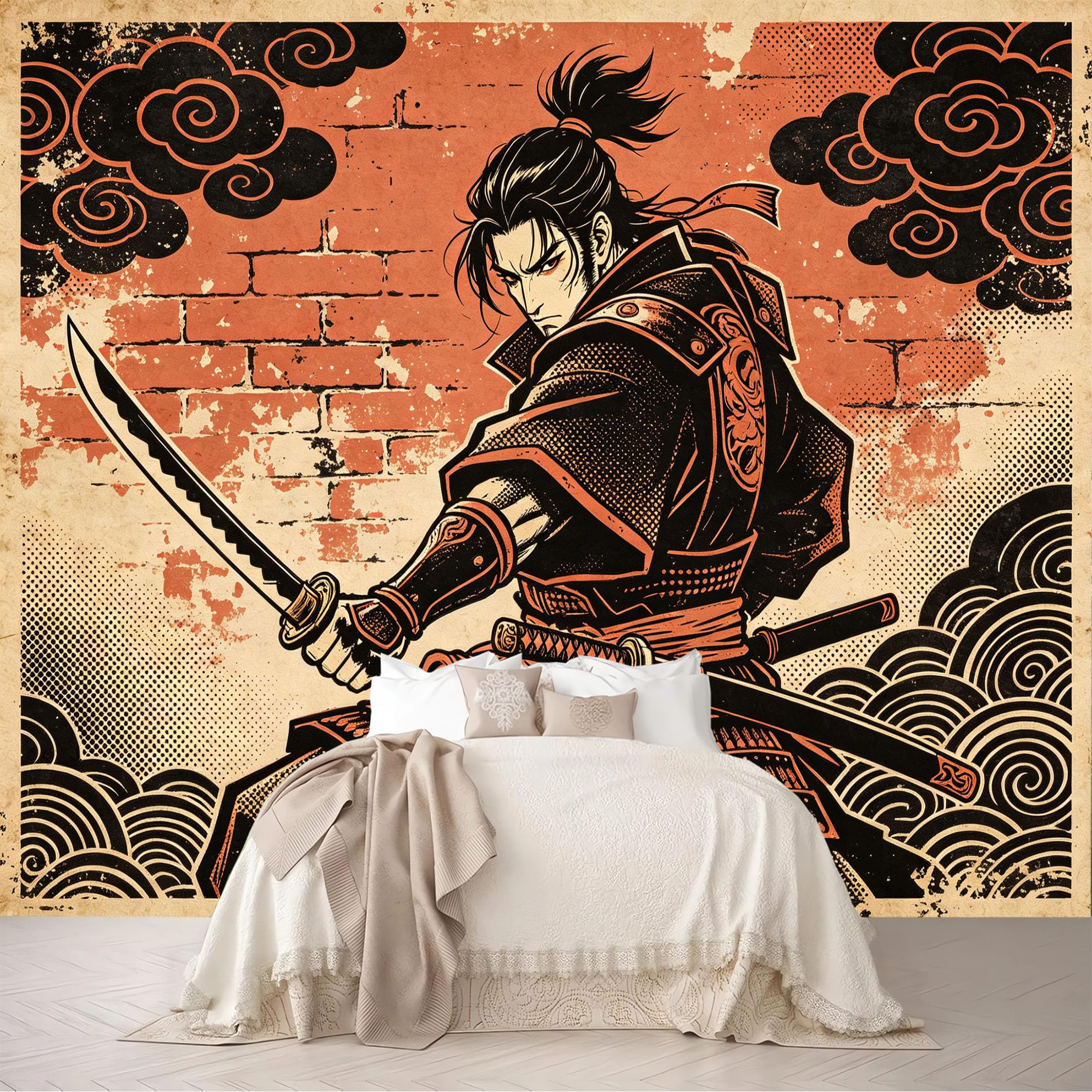 Custom Size Wall Murals Vintage Armor Samurai Brick Wall Cloud Print Removable Self-Adhesive for Bedroom Living Room Dining Room