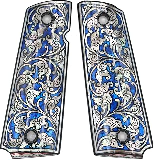 Flower Art Blue on Mother of Pearl MOP Grips Fits 1911 Standard Full Size Colt Government and Commander Kimber, Springfield, Remington, Taurus PT 1911, Smith&Wesson Blue Background