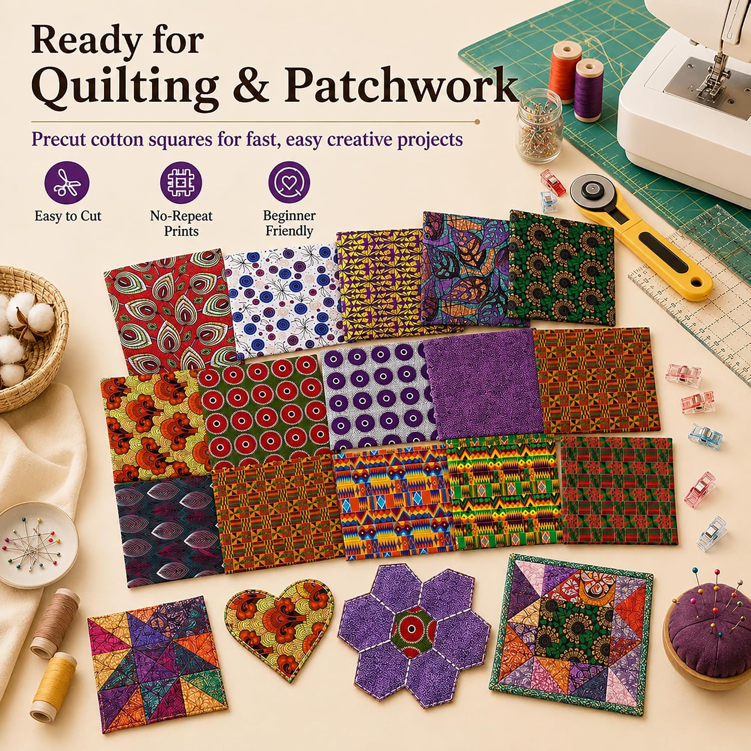 20 Pcs African Print Cotton Fabric Squares, 10 x 10 Inch No Repeat Kente Cloth Ankara Precut Quilt Squares for Patchwork, Quilting, Sewing and DIY Crafts