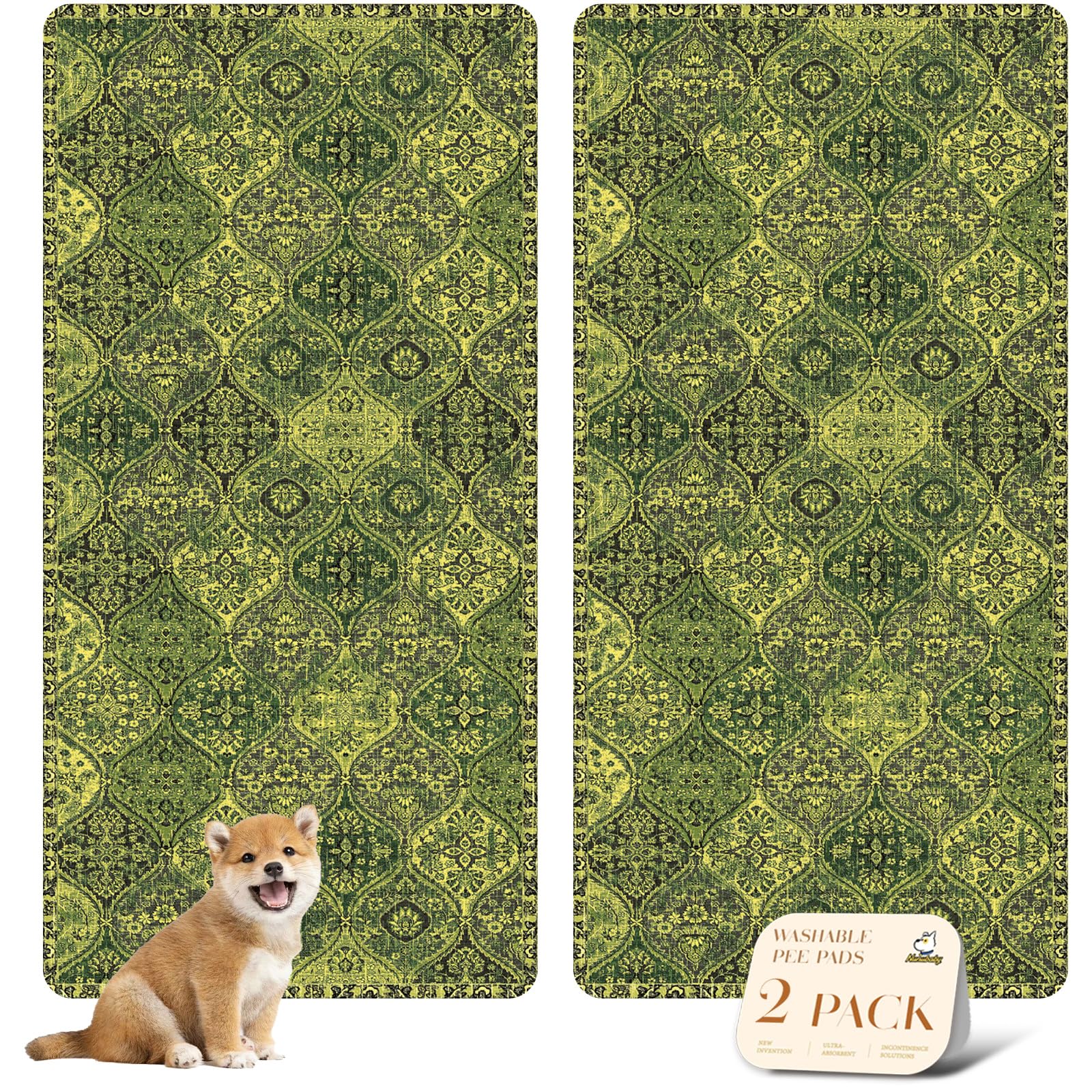 nunubaby Washable Pee Pads for Dogs, Stylish, Non-Slip and Leak-Proof Pee Pads. Reusable Potty Pads for Dogs for Crates and Floors.(Green/Multi,36" x72" )