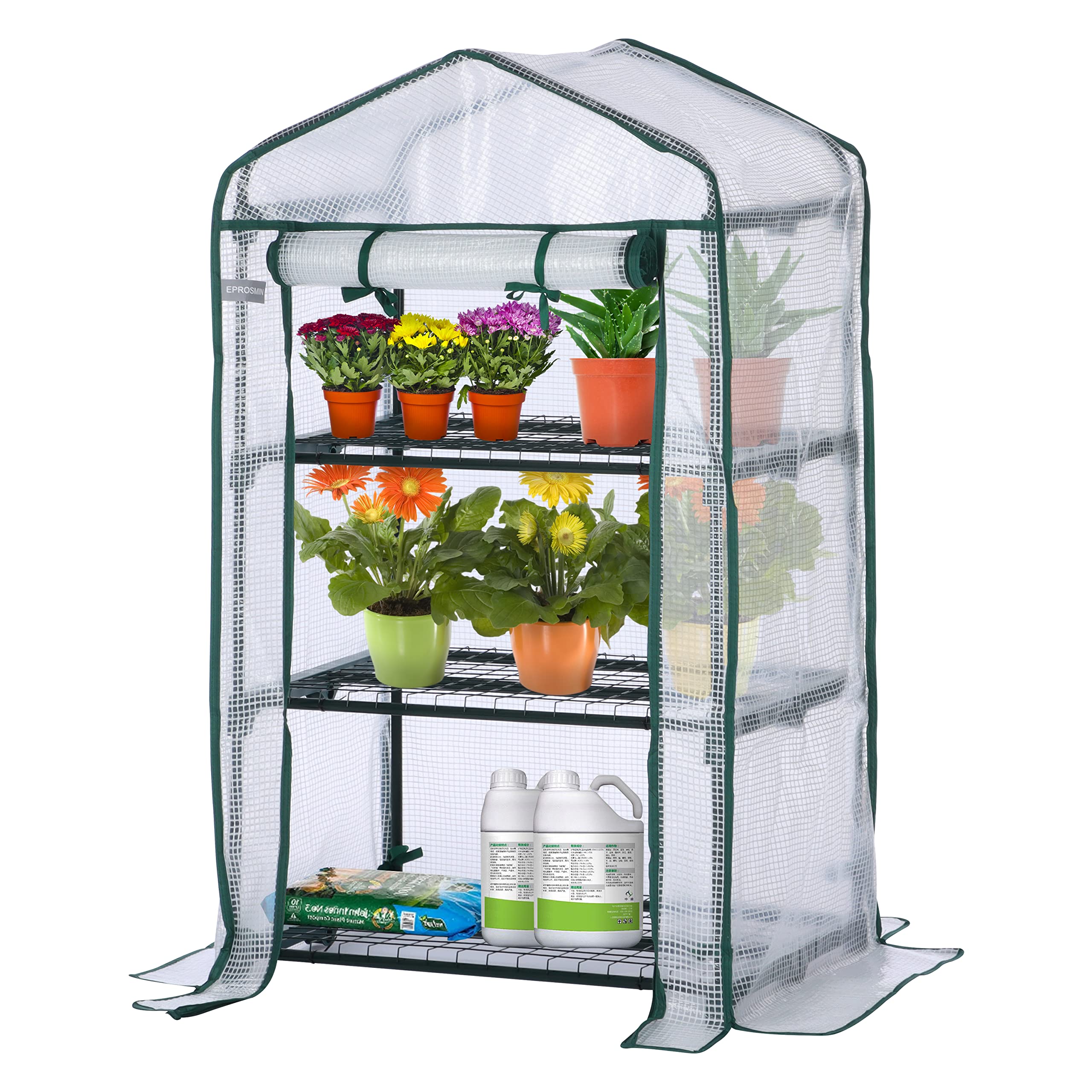 EPROSMIN Mini serre avec 3 étagères, housse en plastique PE imperméable, double porte à fermeture éclair, cadre en acier robuste pour jardin et extérieur - Dimensions (H x l x P) : 125 x 69 x 49 cm