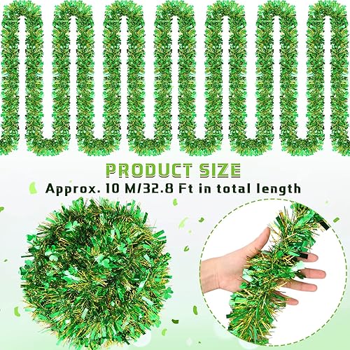 Miniatura 2 de Guirnalda de oropel de trébol verde de 32.8 pies x 4 pulgadas, guirnalda de oropel de trébol irlandés metálico para decoración de árbol colgante de