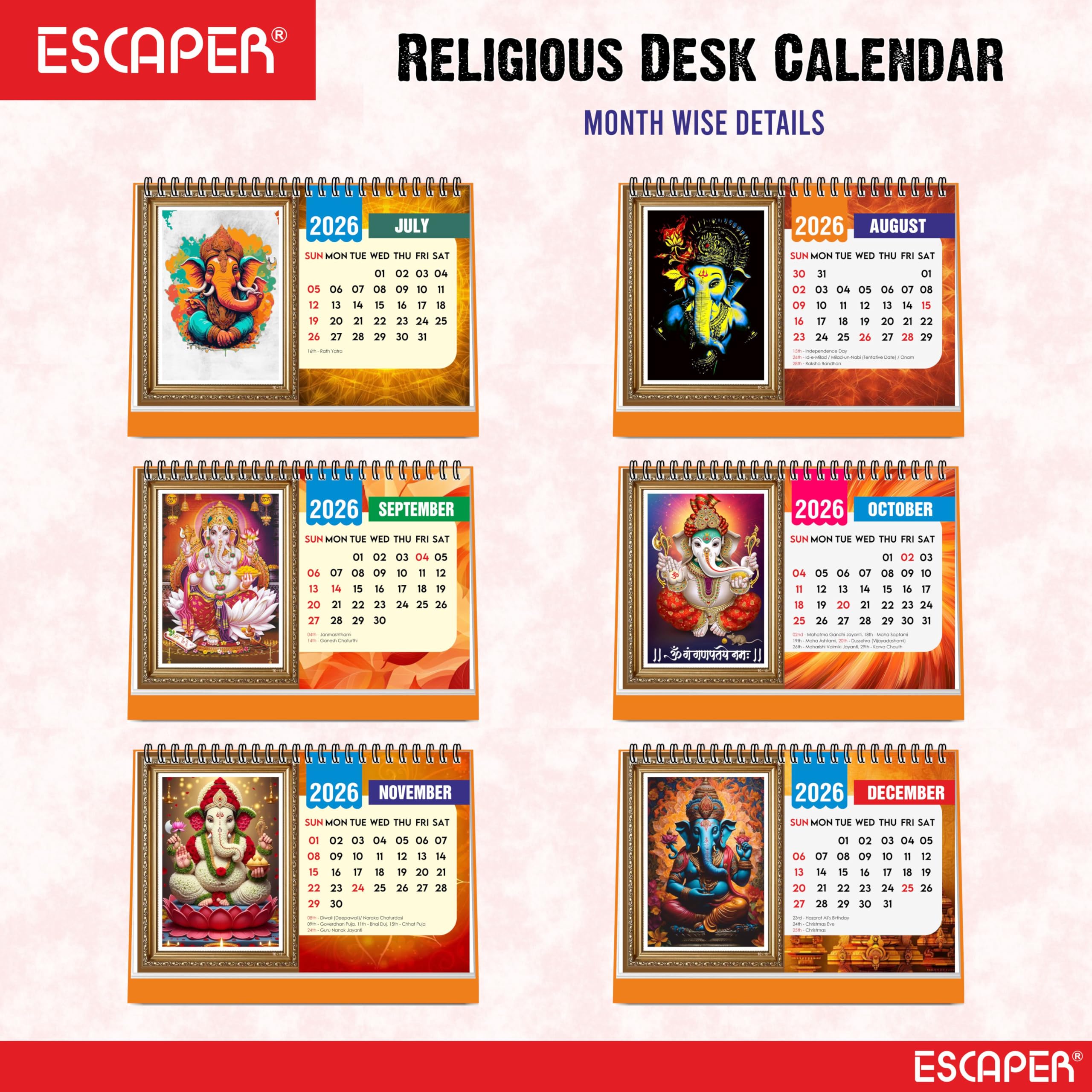 ESCAPER Lord Ganesha Stehender Flip-Desktop-Kalender 2024, 12 Monatsseiten mit dickem Papier, Doppeldrahtbindung, Tischkalender 2024 (A5, 21,6 x 14,0 cm)