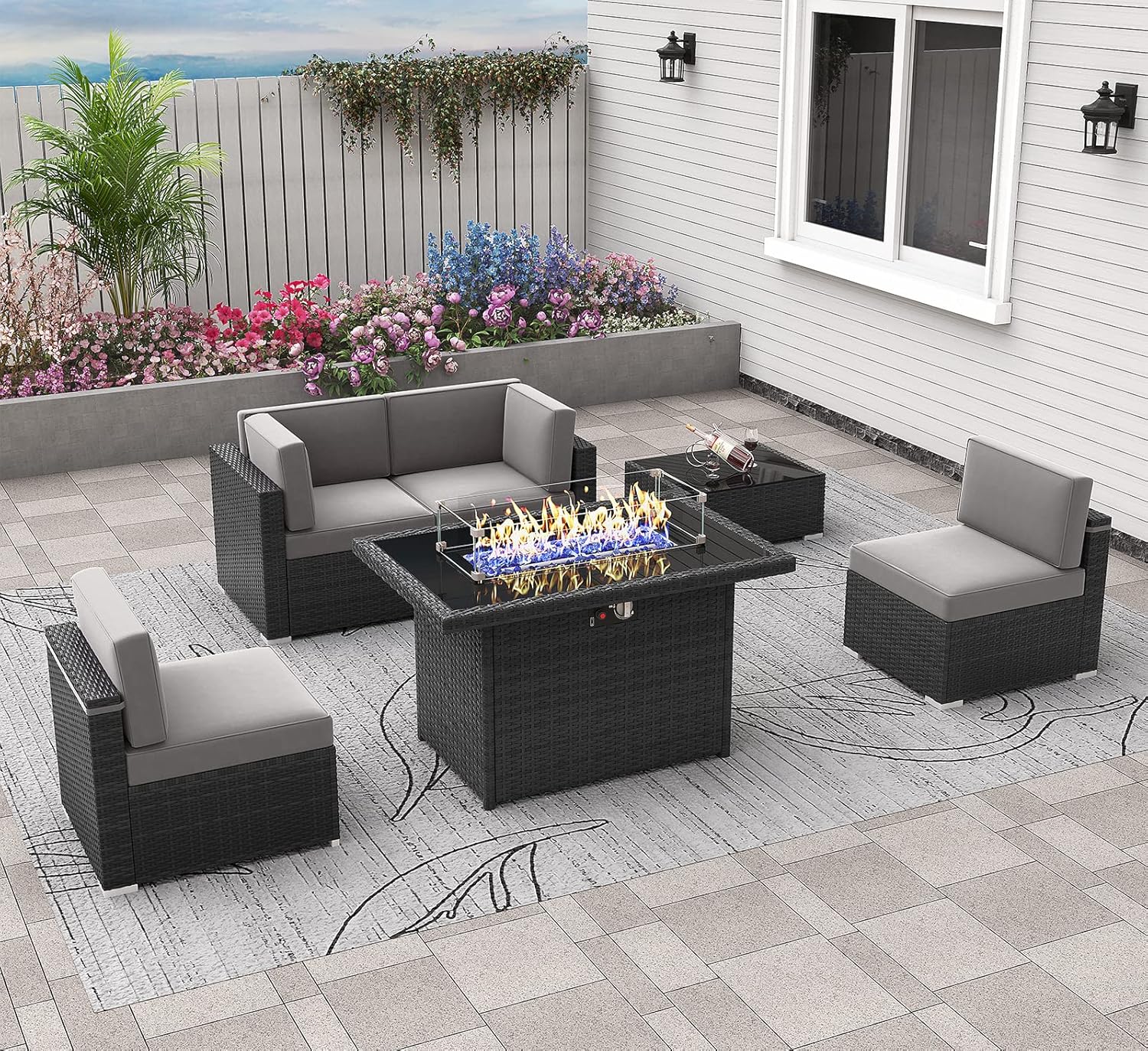 6 Pieces Patio Furniture Set with 44" Propane Gas Fire Pit Table, Outdoor Sectional Wicker Conversation Sofa Sets with Coffee Table