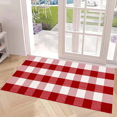 Miniatura 6 de Alfombras de Navidad para exteriores, 24 x 51 pulgadas, color negro y rojo, alfombra de porche frontal tejida a mano, lavable a máquina, para