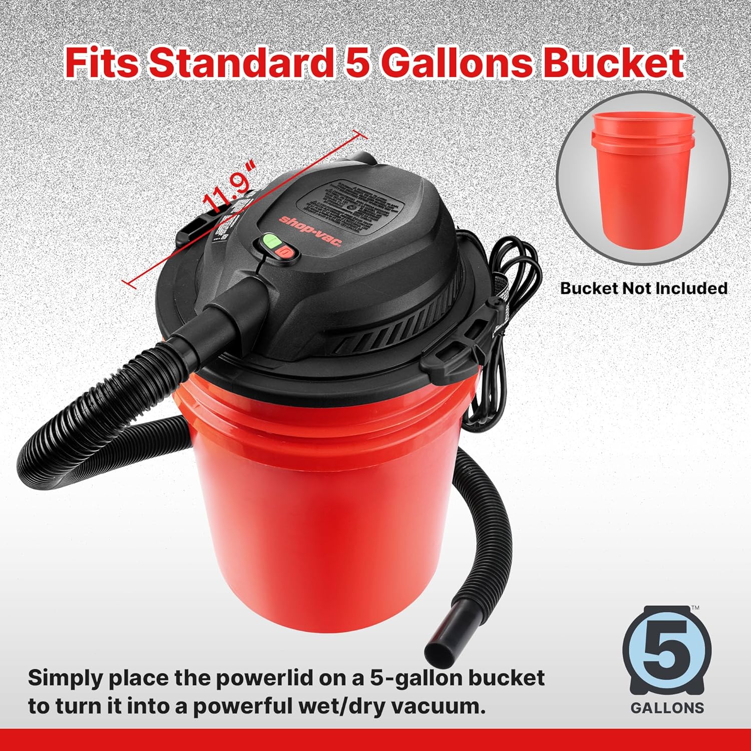 Shop-Vac 2.5 Peak HP Wet/Dry Vac Bucket Head, Fits 5 Gallon Bucket (Sold Separately), Portable Shop Vacuum, 1.25 Inch Diameter x 4 Foot Hose, 6 Foot Cord, Ideal for Jobsite, Garage, Workshop & Home - Image 4