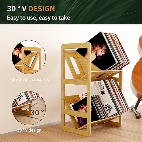 Miniatura 4 de Ackitry Almacenamiento de discos de vinilo de bambú, 180-200 LPs para álbumes, estante de 2 niveles con divisores, organizador de discos de vinilo