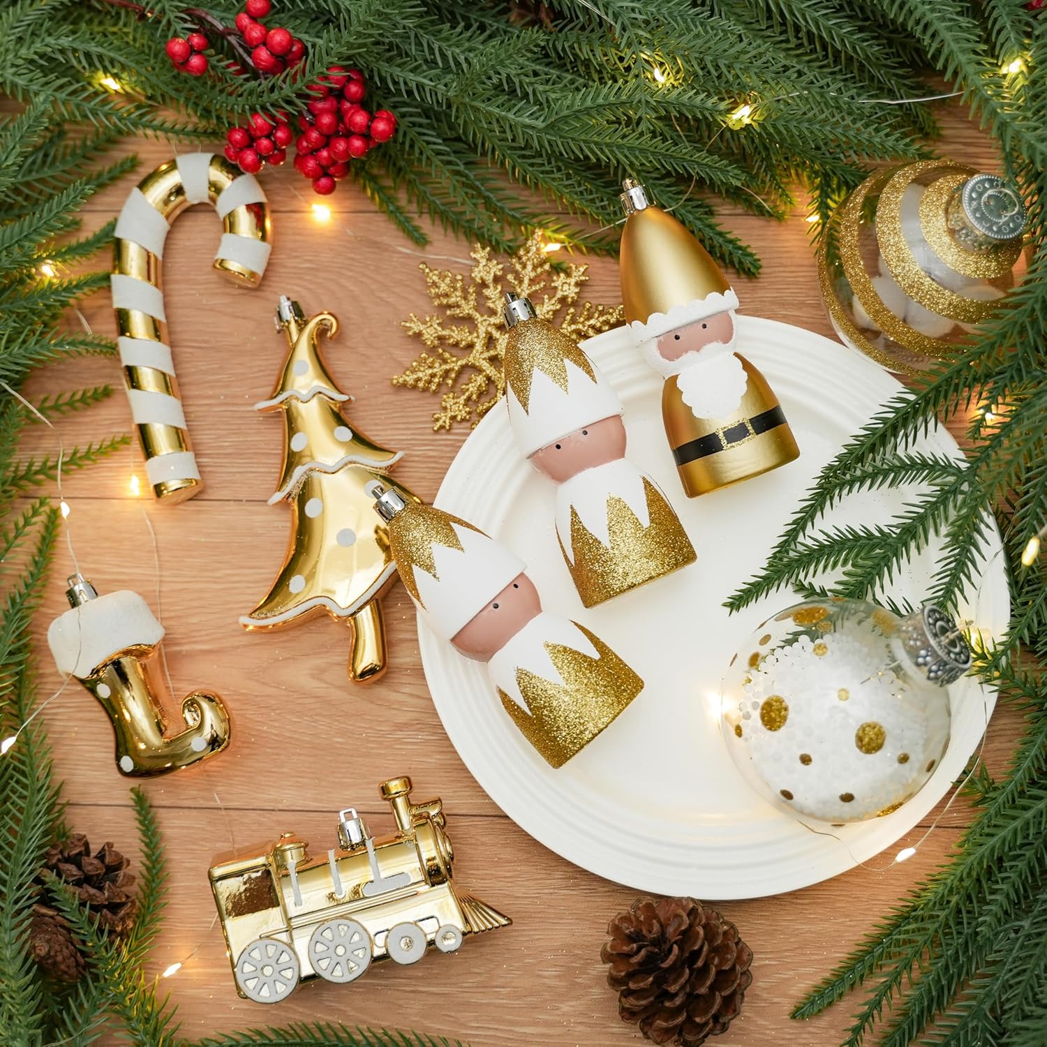 Alupssuc 95pcs Christmas Balls Ornaments Set, Shatterproof Plastic Baubles, Soldiers, Christmas Socks for Xmas Tree Holiday Wedding Party Decorations with Hanging Strings, Gold and White