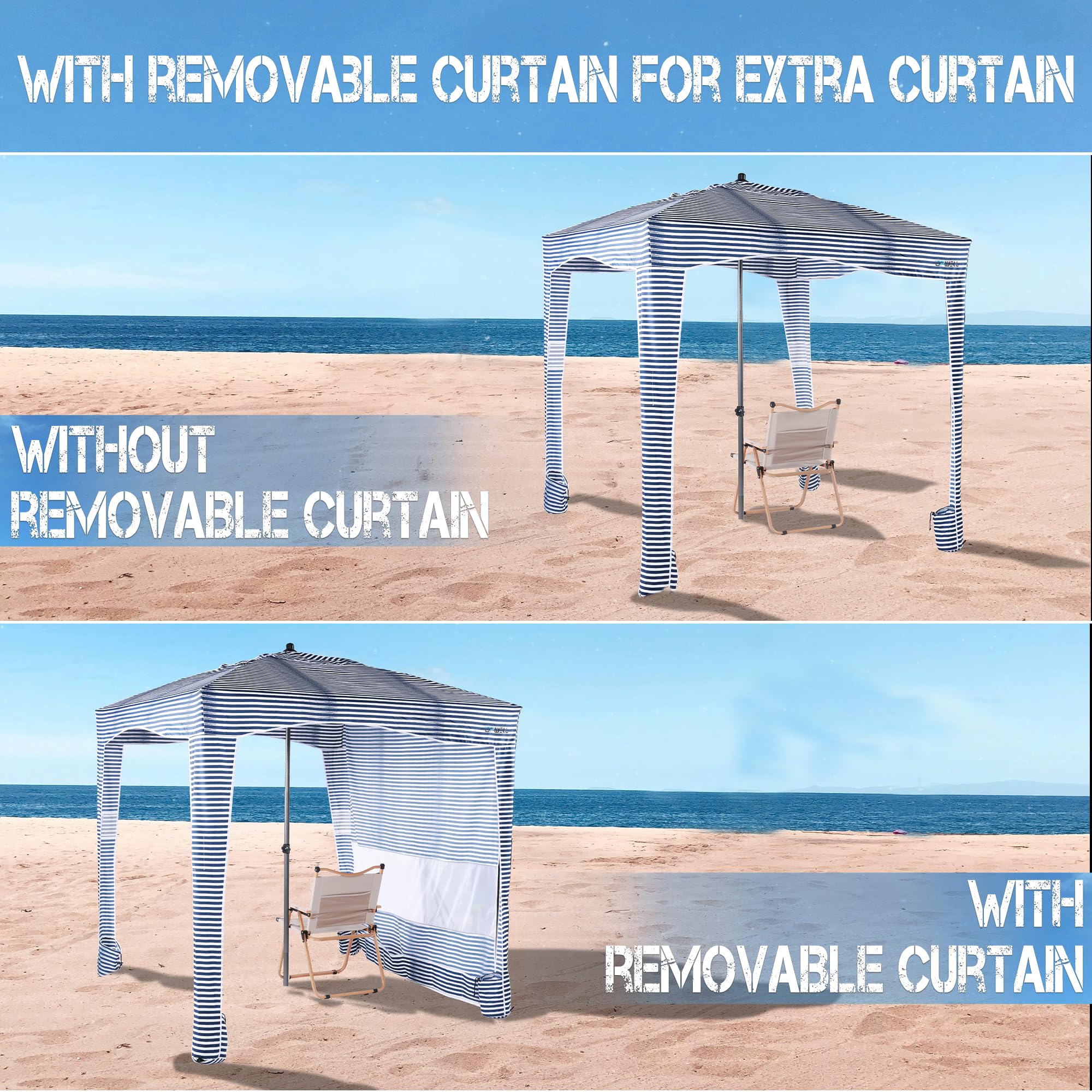 UPWELL Namiot plażowy, łatwy montaż, zadaszenie, schronienie przeciwsłoneczne, fajna kabana, z ochroną UPF 50, ochrona przed promieniowaniem UV, przenośny parasol plażowy z kieszeniami na piasek, do