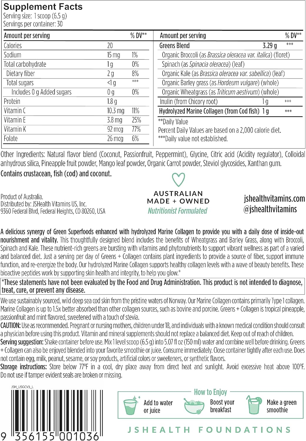 JSHealth Super Greens Powder - Greens & Collagen Powder - Superfood Powder with Marine Collagen Peptides, Vitamins & Veggies, 30 Servings - Image 7