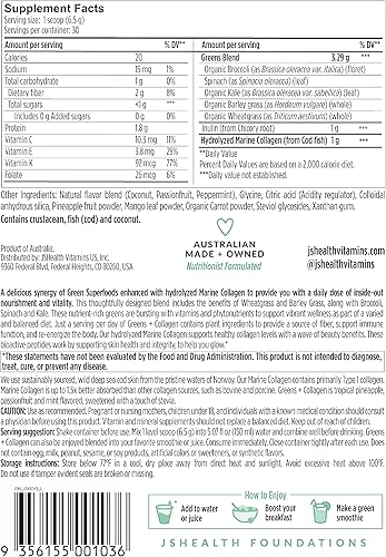 Miniatura 7 de JSHealth Super Greens Powder - Polvo de verduras y colágeno, superalimento en polvo con péptidos de colágeno marino, vitaminas y verduras, 30