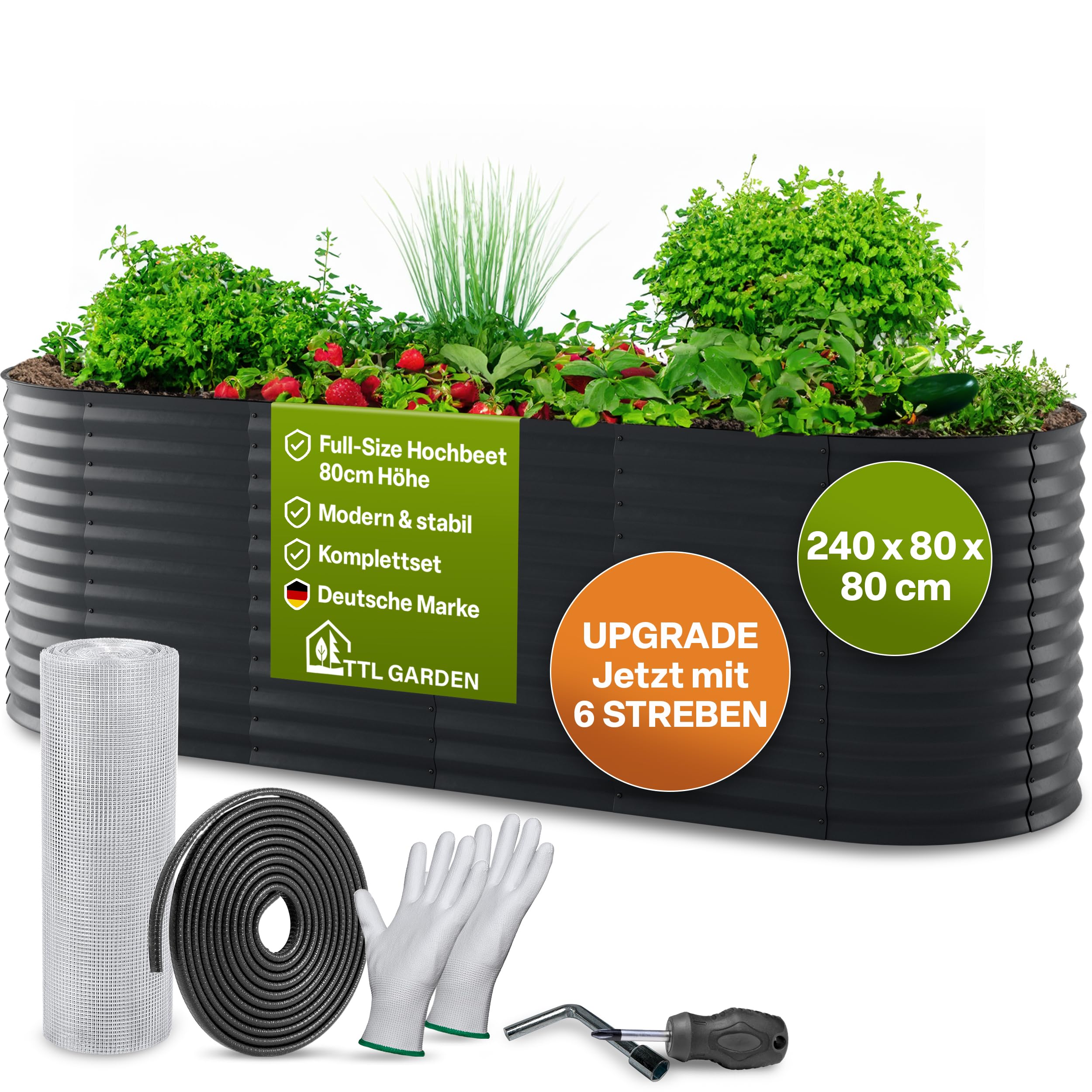 TTL GARDEN 240x80x80cm Elegance L Metall Hochbeet Anthrazit - Stahl rostfrei verzinkt & grau lackiert Wellblech ovale Form sehr stabil Garten Beet für Gemüse Kräuter Blumen Gartenbeet Gemüsebeet