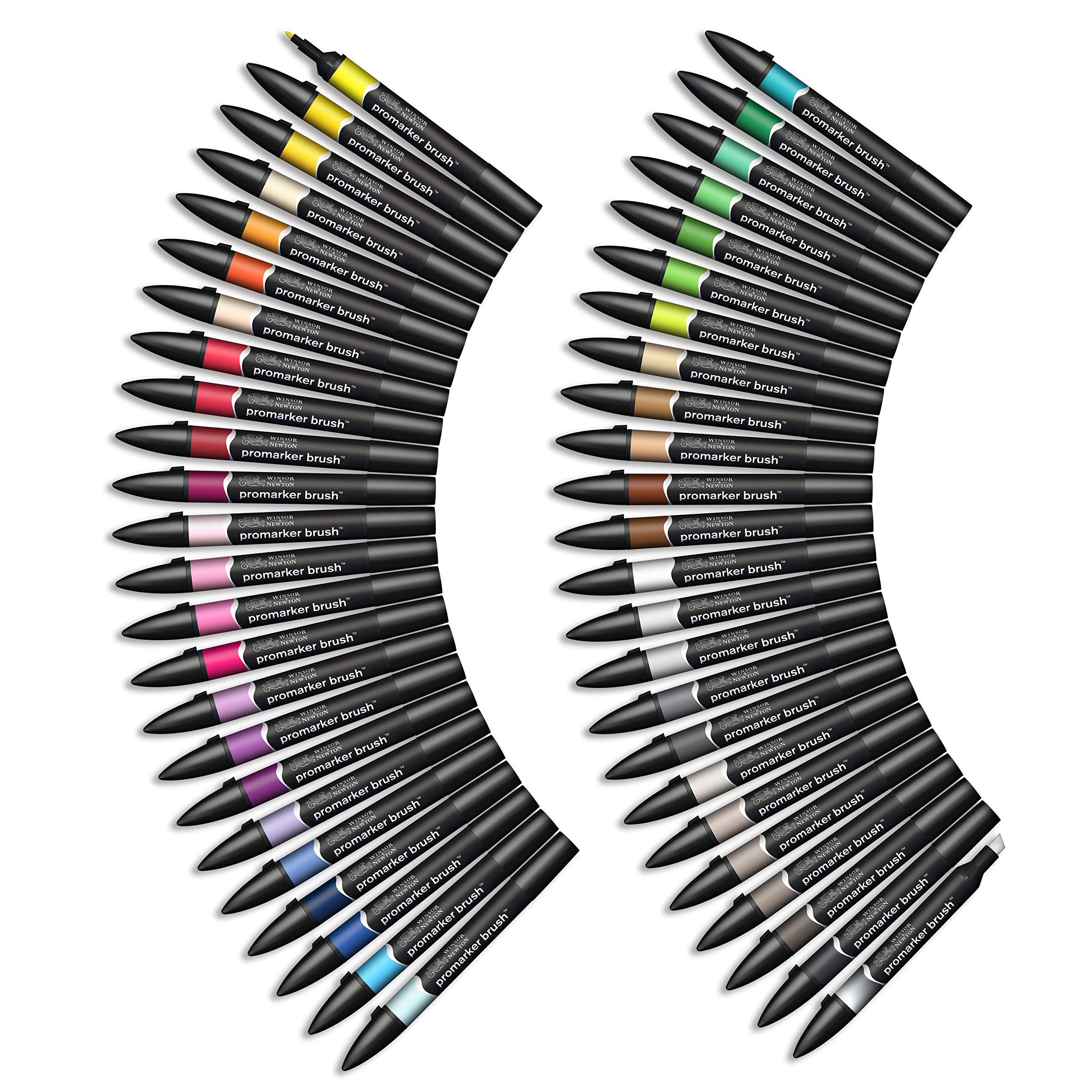 Winsor & Newton 0290080 BrushMarker (für Zeichnungen, Kalligraphie, Design und Layouts, streifenfreies Zeichnen mit Keil- und Pinselspitze) 48 Farben Set