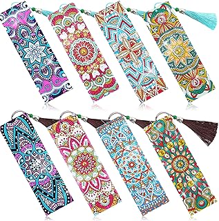 8 Pieces 5D Diamond Painting Bookmarks Floral Rhinestone Bookmarks PU Leather Art Bookmarks DIY Diamond Painting Bookmarks Mandala Style Bookmarks with Tassels for Adults Kids Crafts Supplies