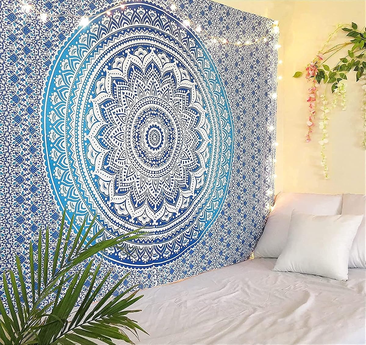 RAJRANG Tapiz de mandala grande para dormitorio y sala de estar, tapices de algodón para colgar en la pared (azul, degradado, 90 x 84 pulgadas, tamaño queen)