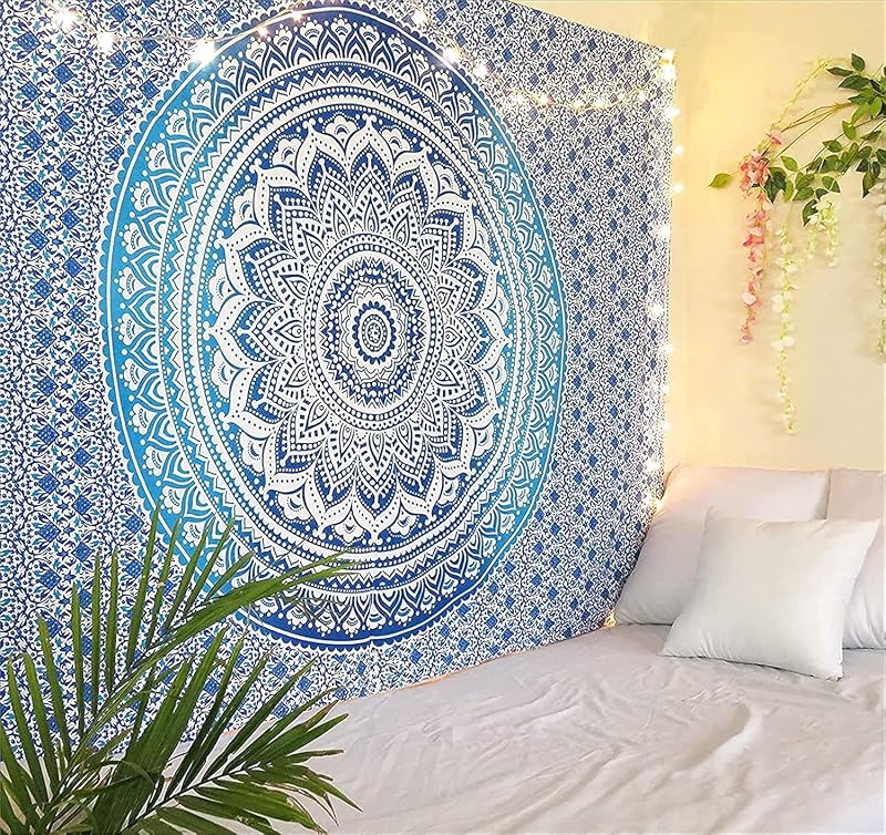 RAJRANG Tapiz de mandala grande para dormitorio y sala de estar, tapices de algodón para colgar en la pared (azul, degradado, 90 x 84 pulgadas, tamaño queen)