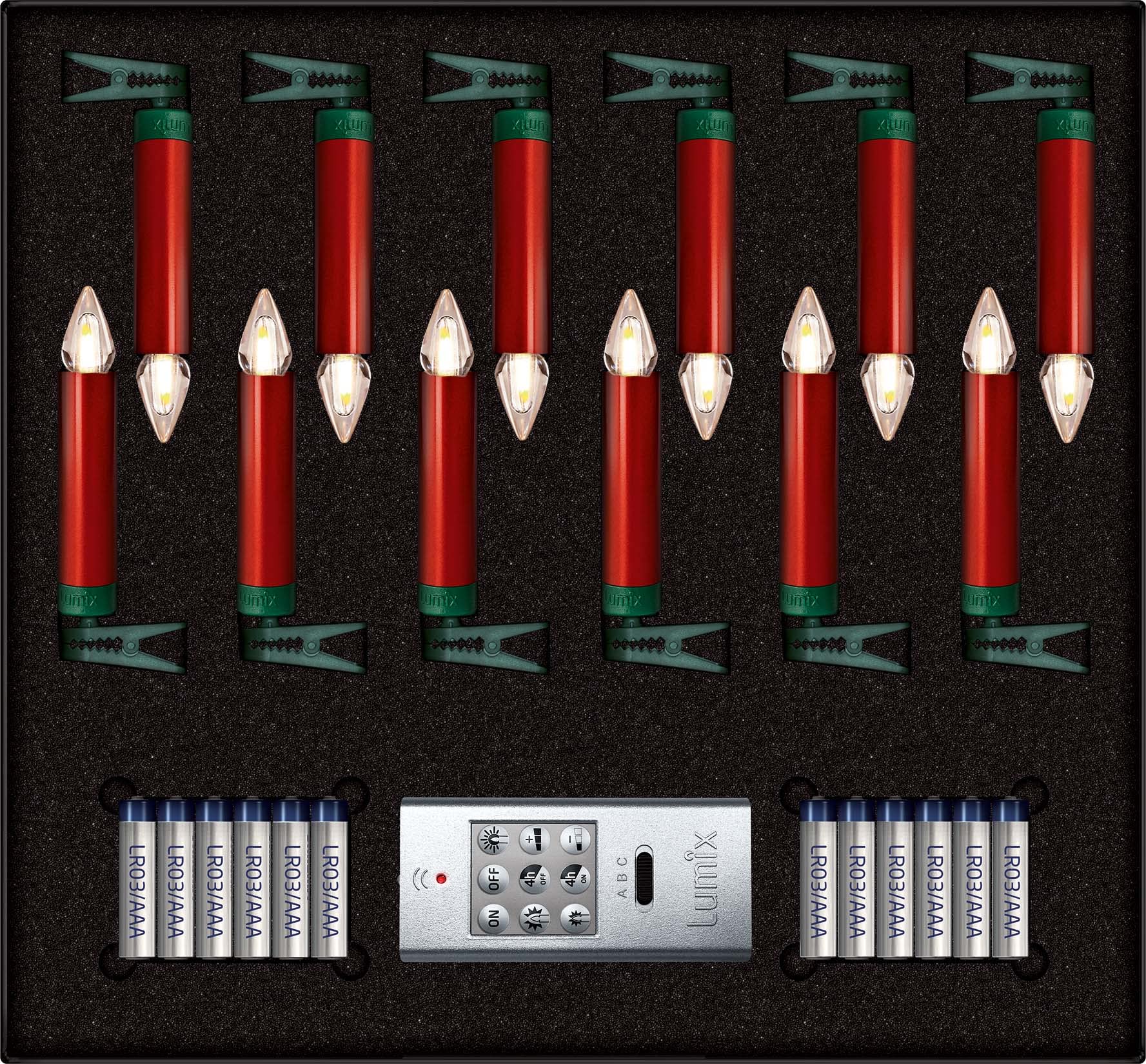 Lumix® kabellose LED Christbaumkerzen Weihnachtsbaumkerzen 12er Basis-Set SuperLight Flame Metallic Mini Rot 9cm warmweiß inkl. Fernbedienung 77146