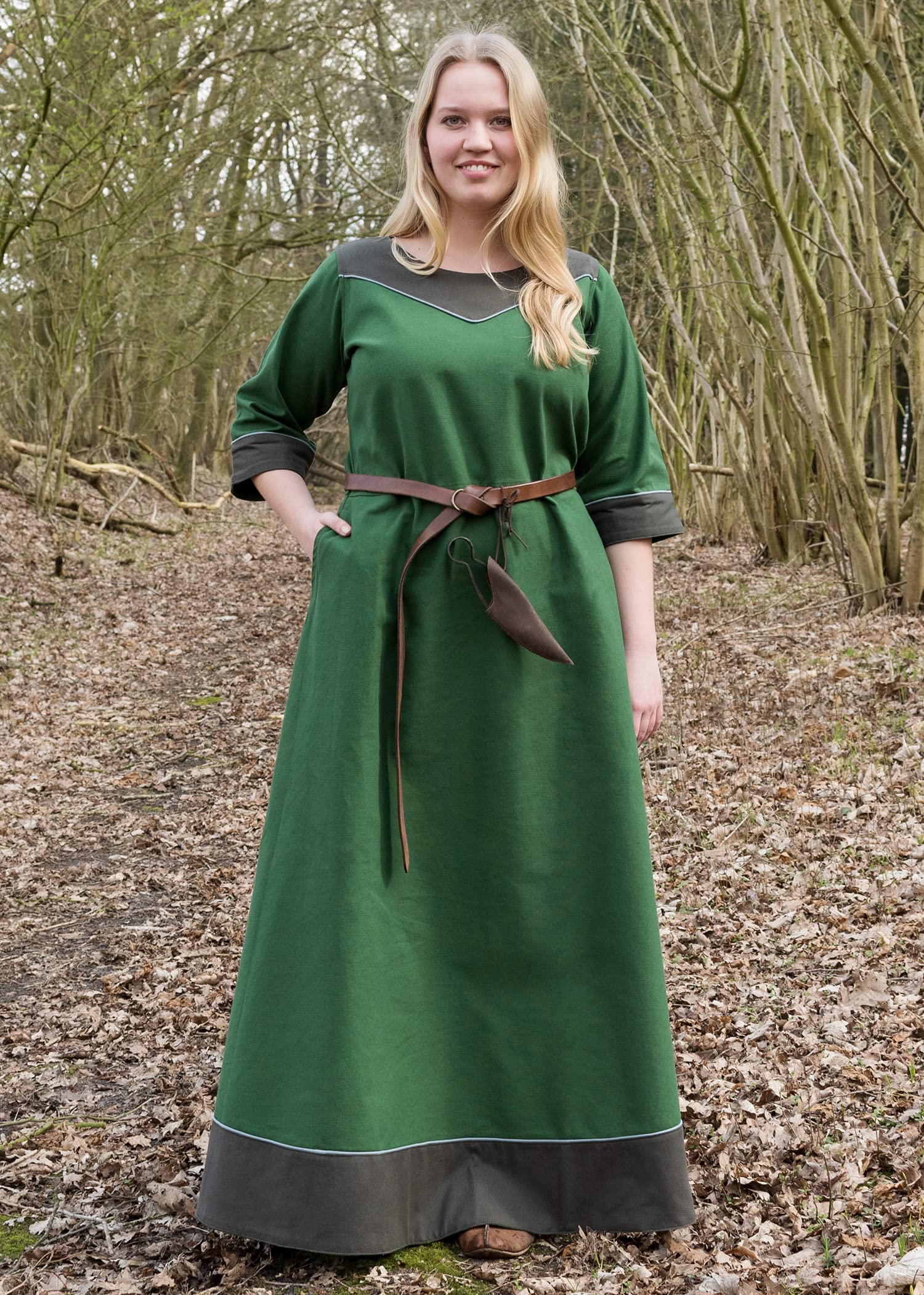 Battle-Merchant Średniowieczna sukienka damska Gesine długi | kostium Wikingów LARP | z wszytymi kieszeniami | bawełna Canvas, zielony, S
