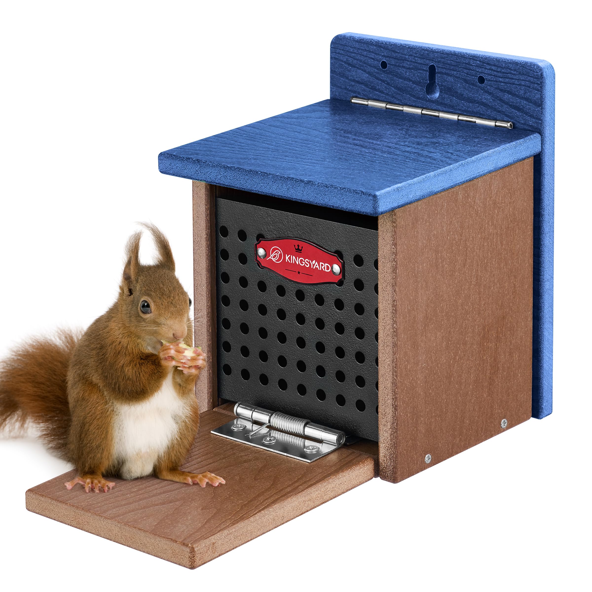 Kingsyard Squirrel Feeder Box for Outside, Recycled Plastic Squirrel Feeder with Removable Metal Front Panel & Perch, Easy to Fill & Clean, Weather-Proof Roof (Blue)