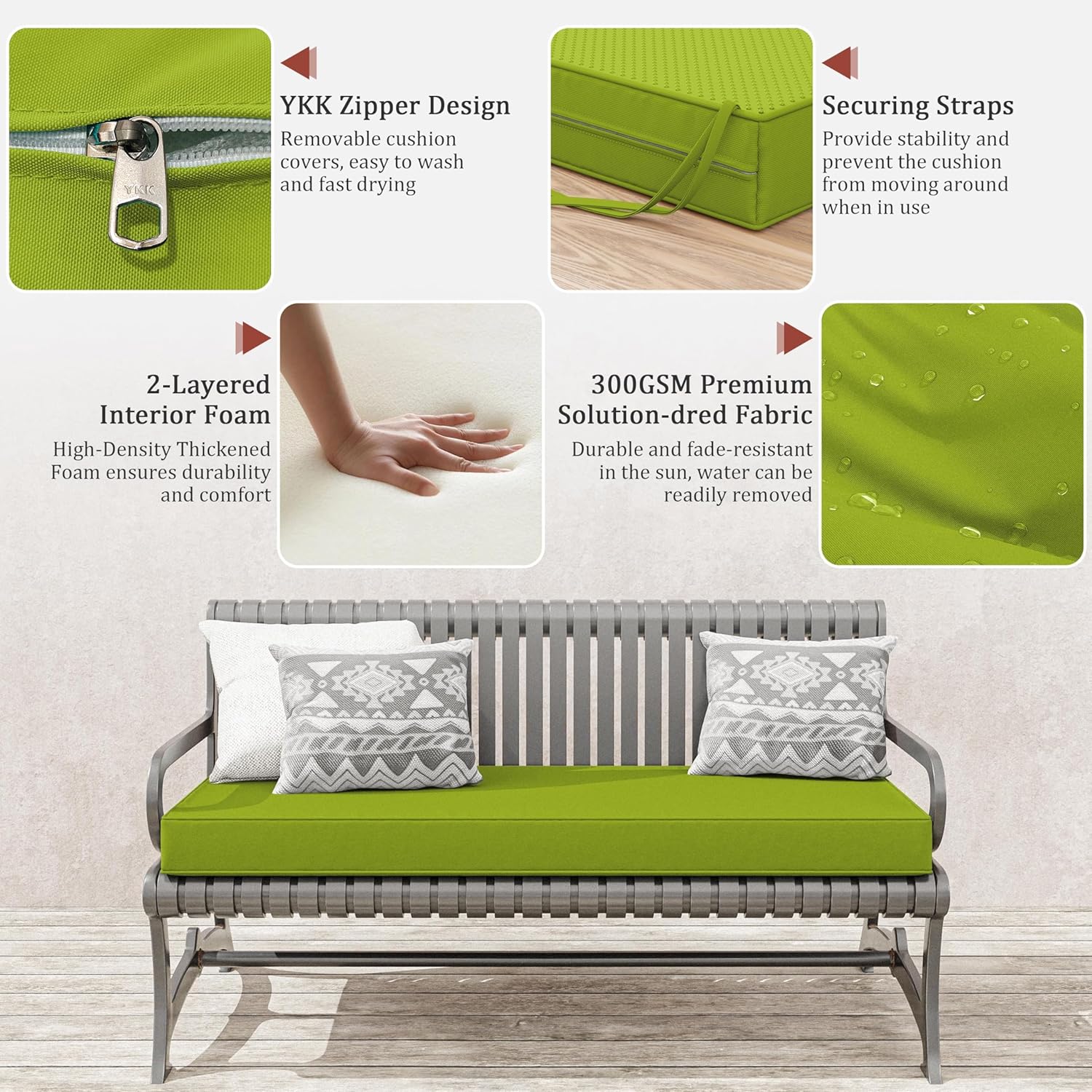 Outdoor Bench Cushion 48 X 18 X 3.5 Inch Thick Waterproof Patio Furniture Cushions, Patio Porch Swing Replacement Seat Pad with Tie Straps and Anti-Slip, for Backyard Garden, Grass Green