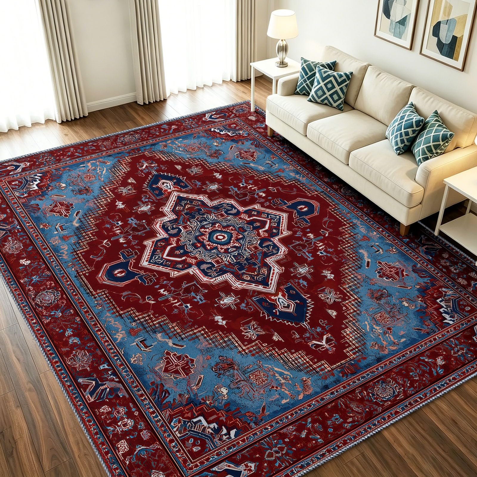 Alfombra de cocina pequeña estilo boho lavable roja para un suelo cálido