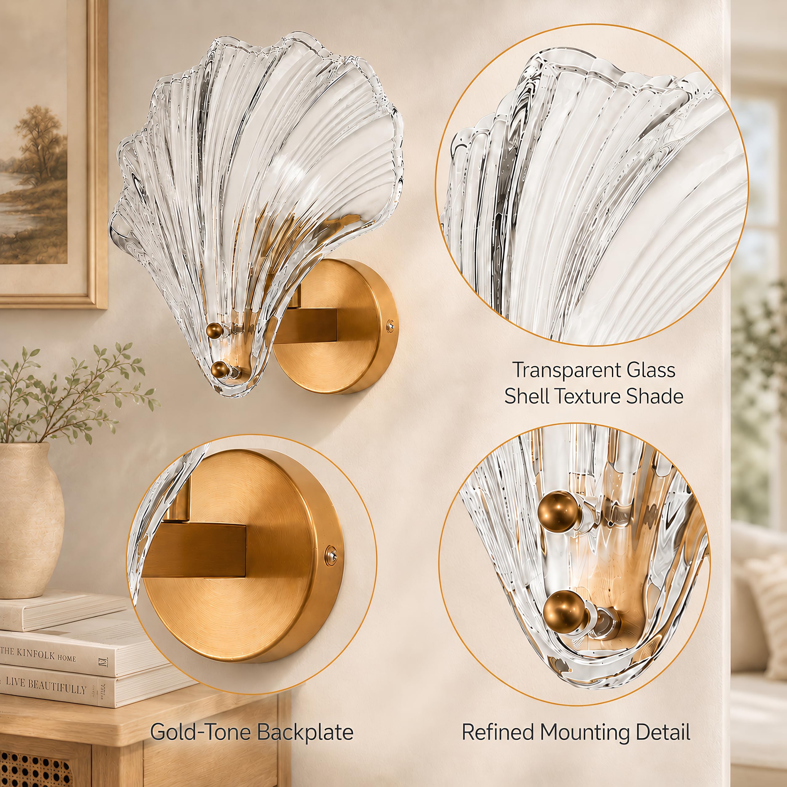 Aplique de Pared Interior Moderno de Vidrio en Forma de Concha, Lámpara de Pared E14 con Pantalla de Vidrio, para Dormitorio, Pasillo, Salón, Comedor (Transparente)