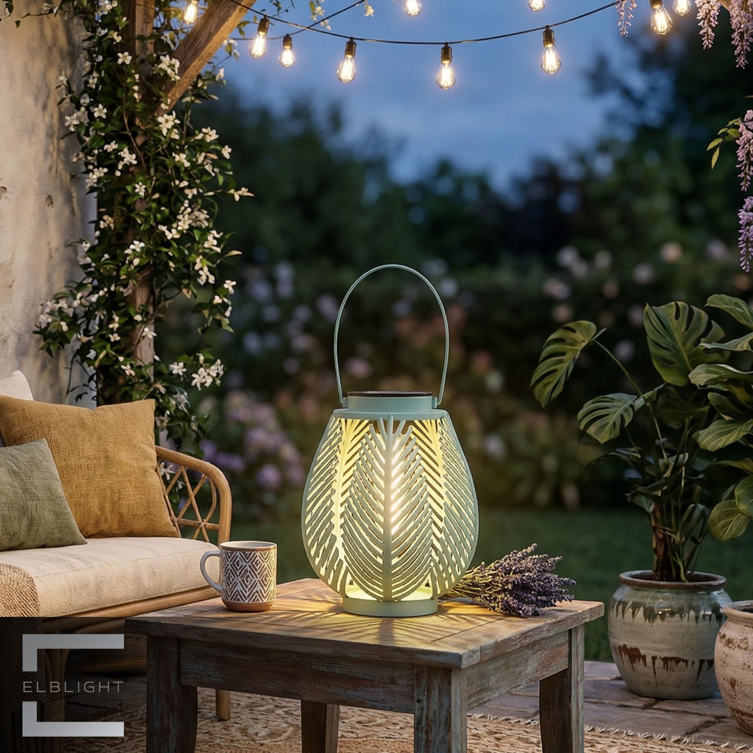 LED Solar Laterne Outdoor – Gartenleuchte mit COB LED Dämmerungssensor Metallgehäuse warmweiß Boho Gartenlampe (Farn-Blätter)