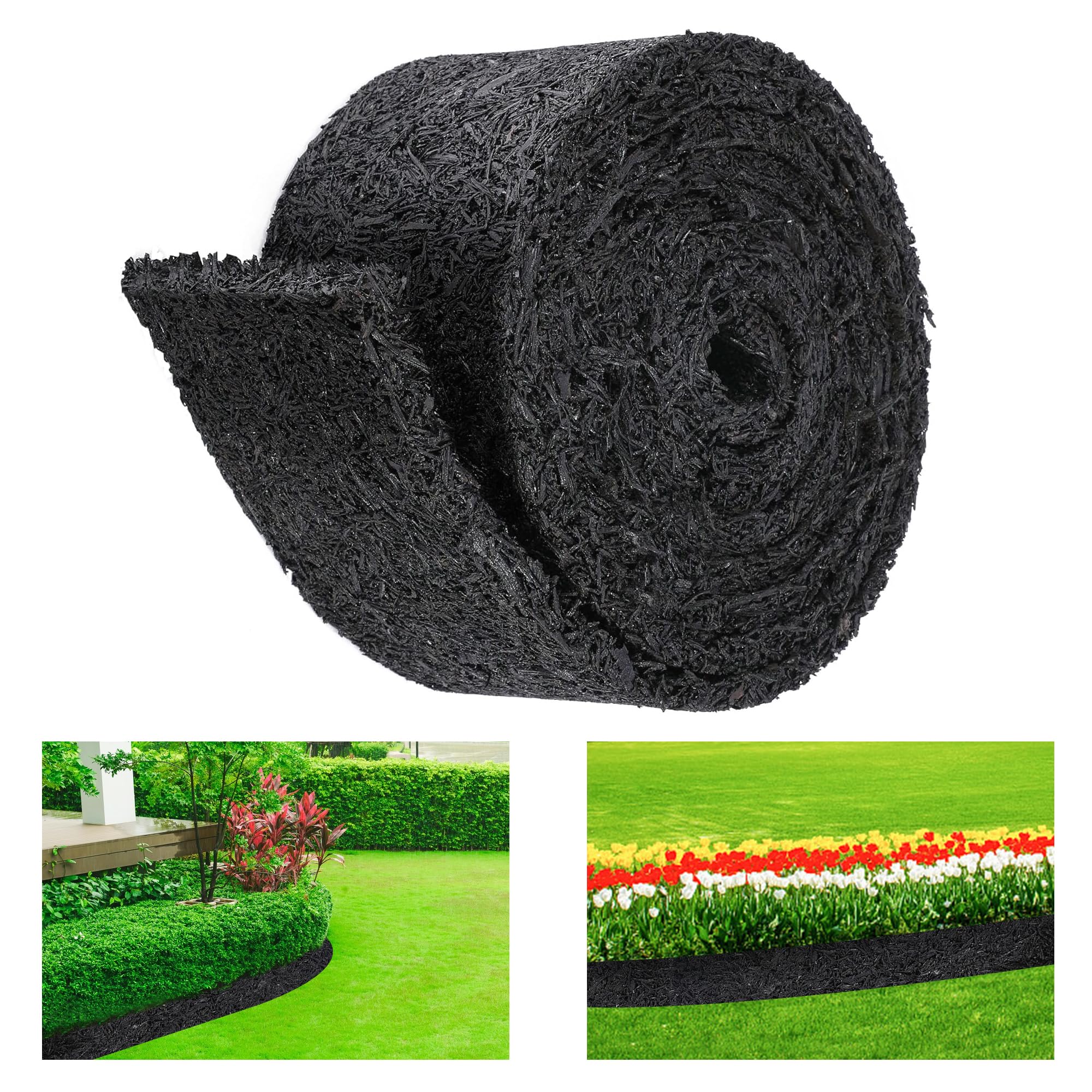 GIONAR355x14cm Rubber Mulch Border for Landscaping-Black Permanent Garden Mulch Barrier - Recycled Rubber Mulch Mat Roll for Plants, Vegetables, and Flowers