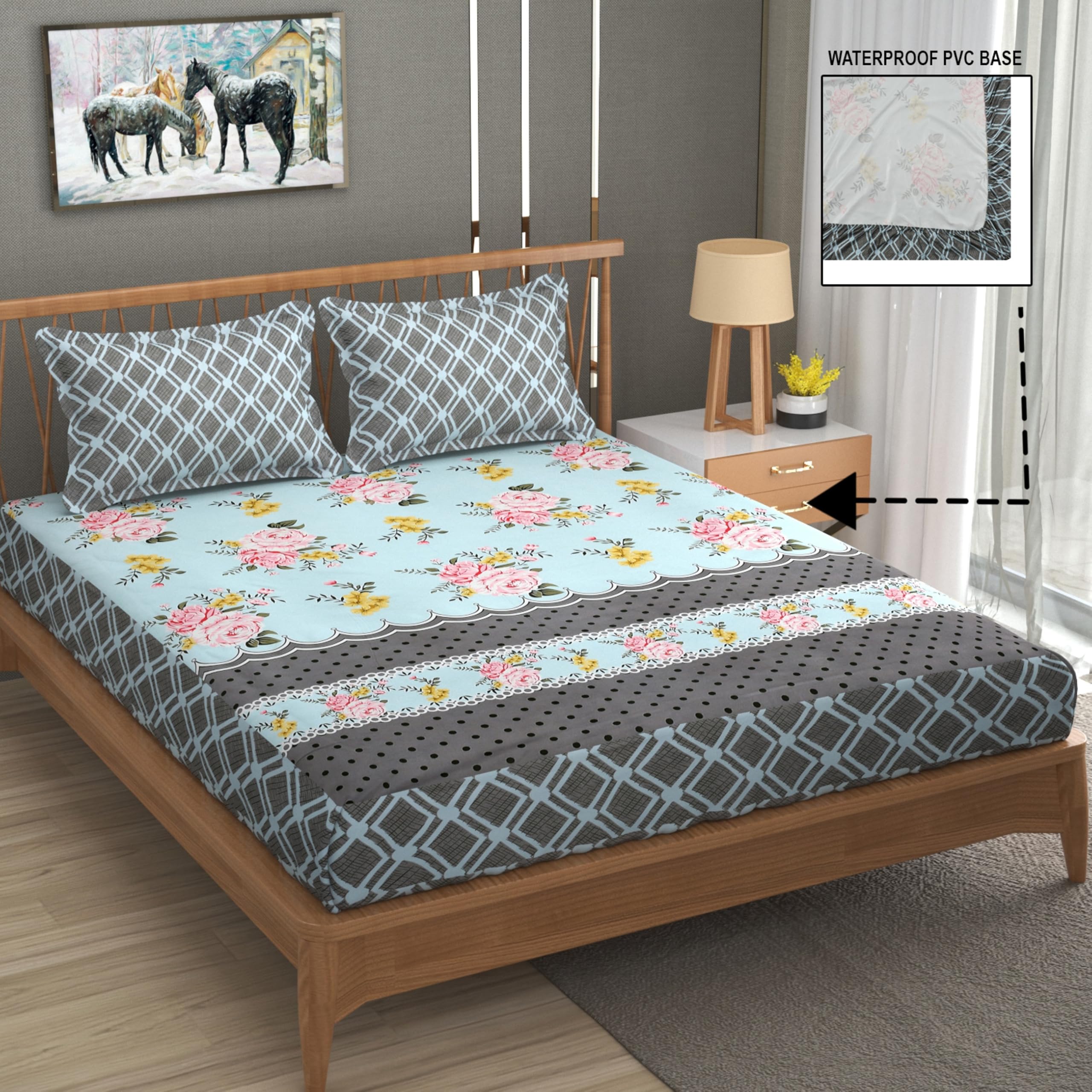 Real Dream Waterproof Printed Bedsheet for Double Bed, Elastic Fitted Cotton bedsheets King Size, Waterproof Bedsheet As Mattress Protector with 2 Pillow Covers 72 x 78 x 8 Inches (Rose-Sky-Blue) (B0D9BQBGTN) Amazon Price History, Amazon Price Tracker