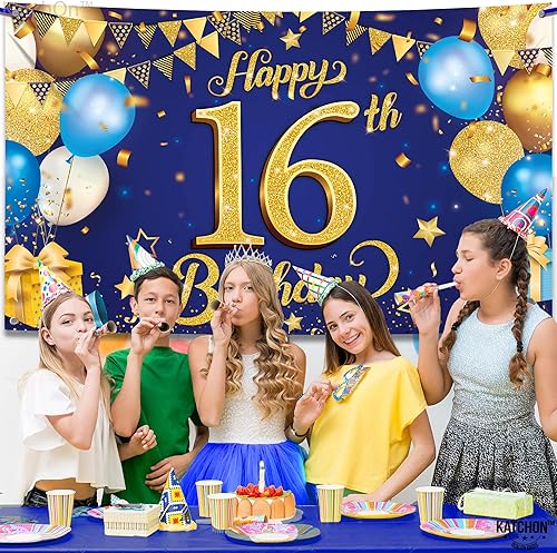 Miniatura 8 de KatchOn, Cartel extragrande de feliz cumpleaños número 16 azul y dorado, 72 x 44 pulgadas, pancarta de fondo para decoraciones de cumpleaños de 16