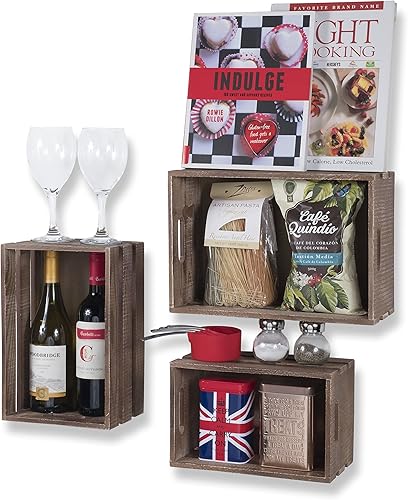 WALLNITURE Juego de 3 estantes flotantes organizadores, cesto de almacenamiento de madera rústica, color nogal