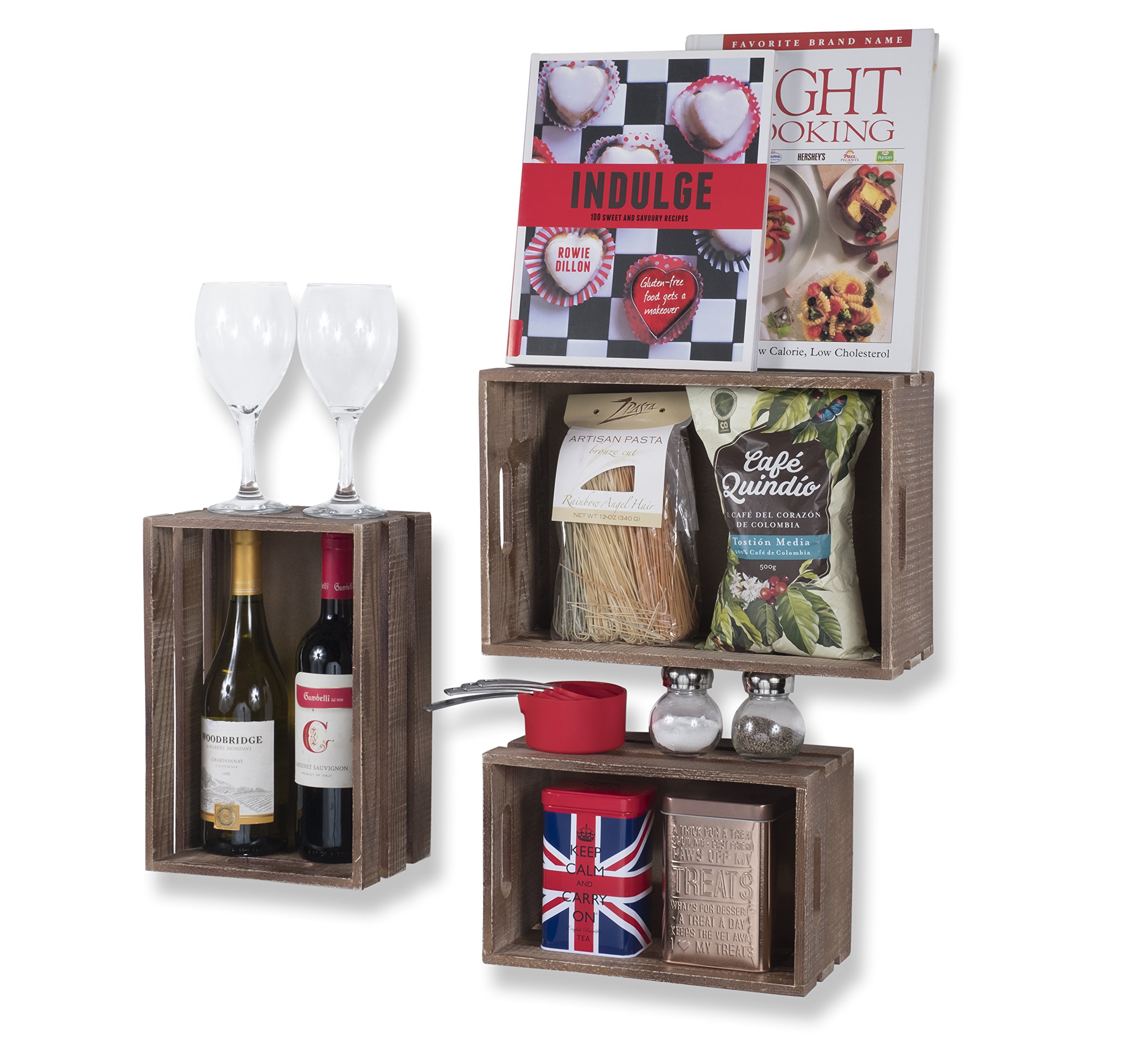 Wallniture Kitchen Storage Wine Rack Wooden Crate Basket Walnut Set of 3