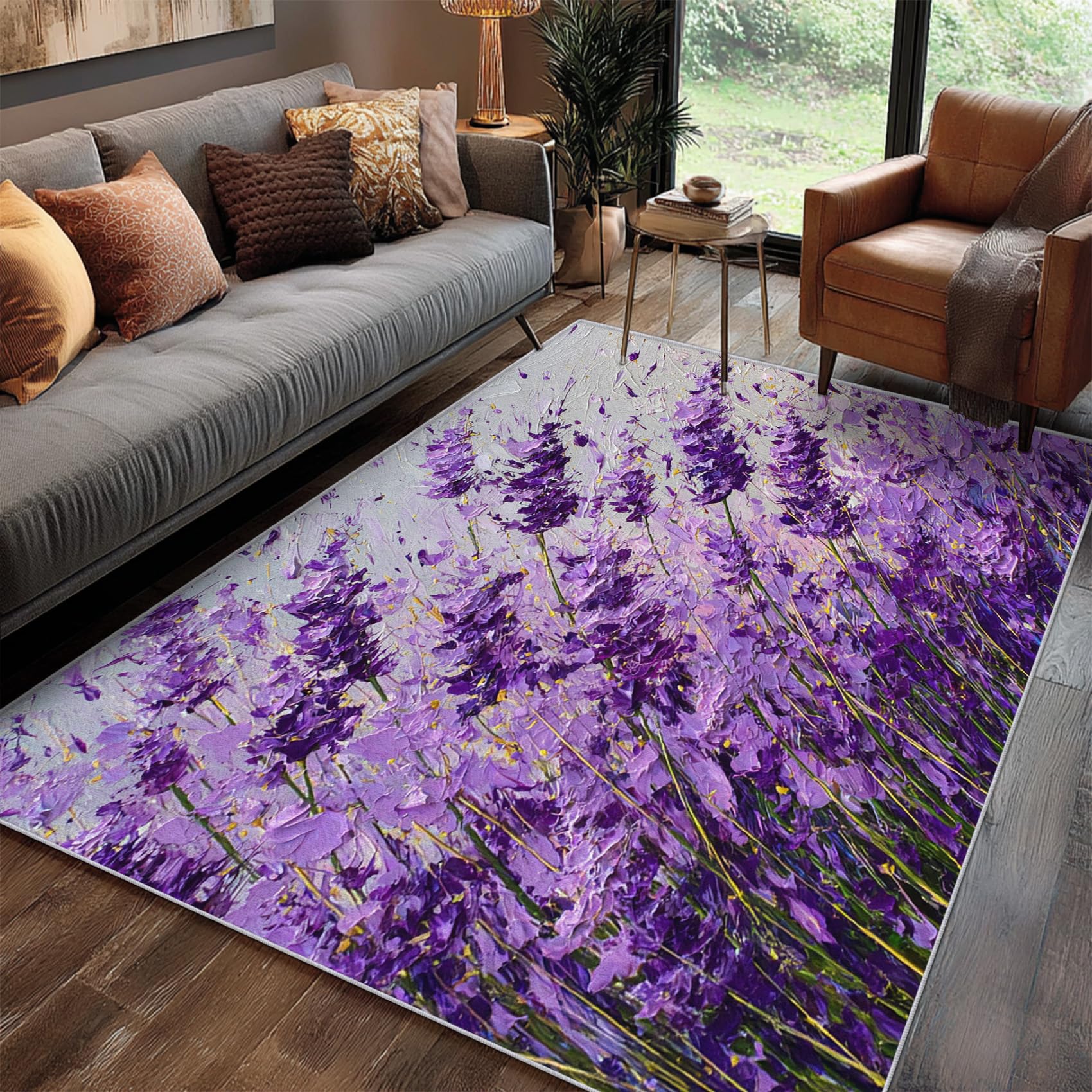 Générique Tapis Lavande, Tapis Salon Motif Floral Violet 140x200 cm, Pile Courte, Antidérapant, pour Carpette Chambre, Descente de Lit, Lavable Interieur, Decoration Maison A(1071)