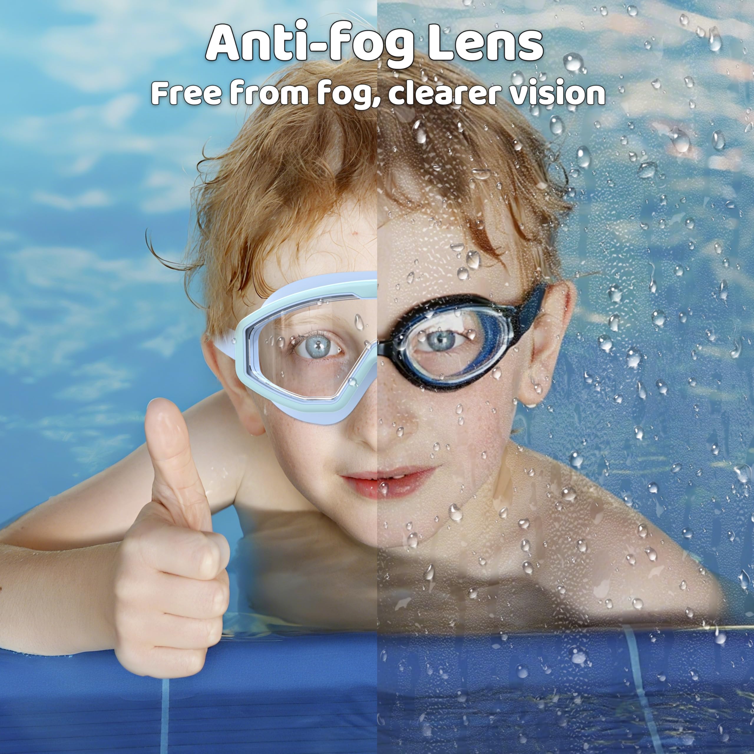 Gafas de Natación Niño con Anti-Vaho y UV, Visión Panorámica, Ajuste 1 Botón, Sello de Silicona, Unisex para 3-12 Años