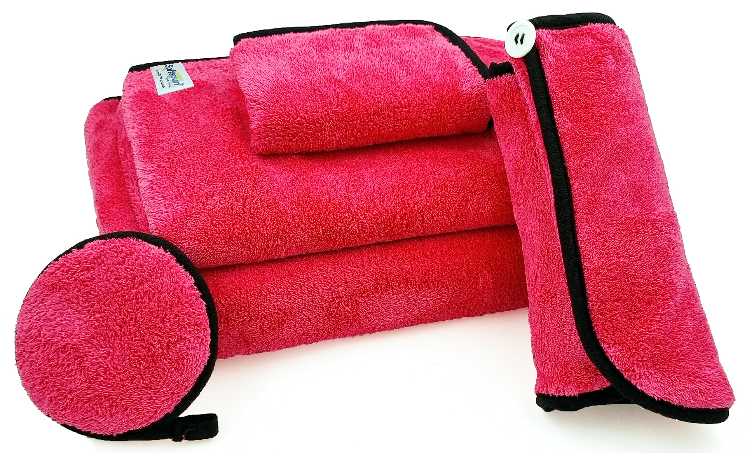 SOFTSPUN Microfiber Bath Kit 70X140cm 40X60cm 20X30cm Hair Cap with MakeupPads Combo Pack of 5 280 GSM Pink! Ultra Absorbent Super Soft & Comfortable Quick Drying for Men & Women Daily Use.