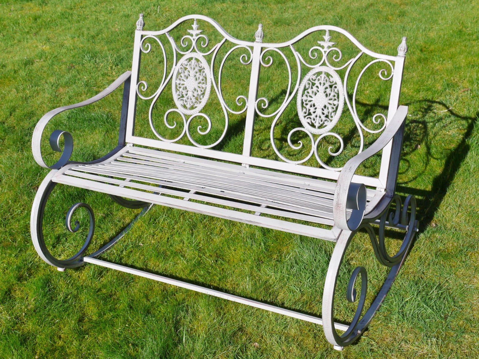 giftwarez Antique Grey Victorian Wrought Iron Metal Garden Patio Rocking Chair Bench Seat