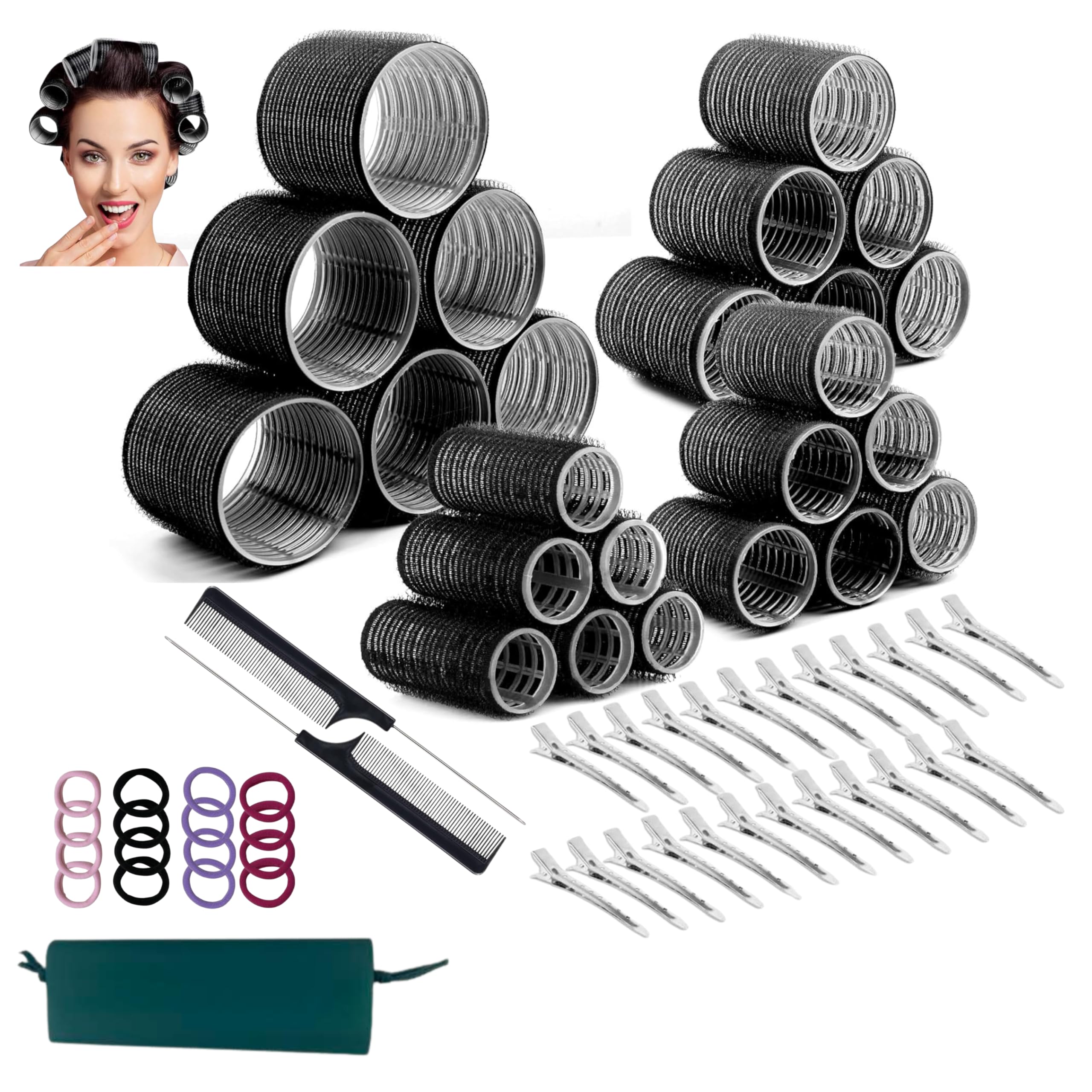 Hair Rollers Curlers, 63Pcs Pack-24 Self Grip Rollers for Hair Volume - 66mm, 44mm, 36mm, 25mm, 24 Stainless Steel Clips, 2 Combs, 12 Bands and Bag