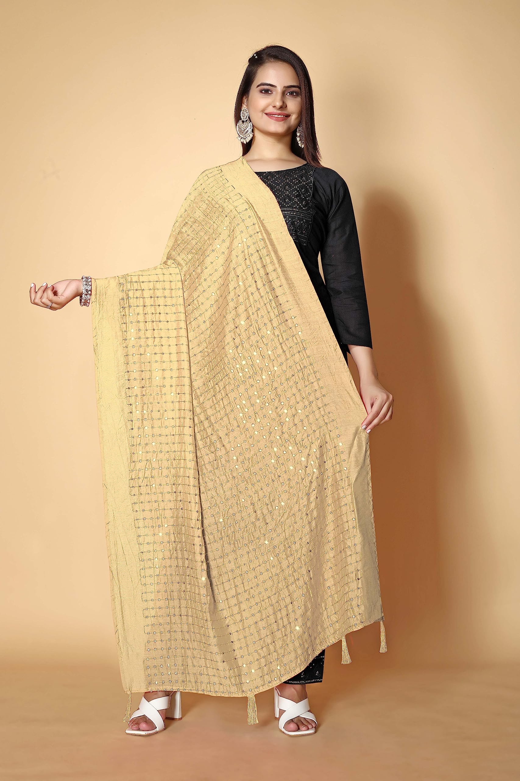 KEMZA Women's Embroidered Mirror Cotton Dupatta (Gold_Free size) with Rajasthani Aari Work - Image 6 thumbnail