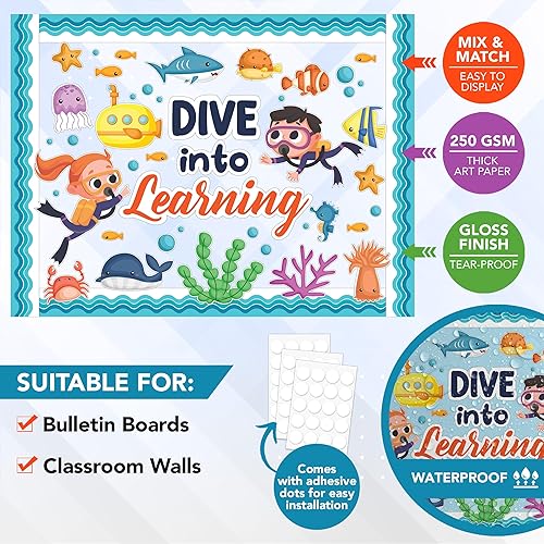 Miniatura 2 de Decorably Juego de 69 piezas de decoración de tablón de anuncios con bordes y recortes con temática oceánica, juego de decoración para el aula,