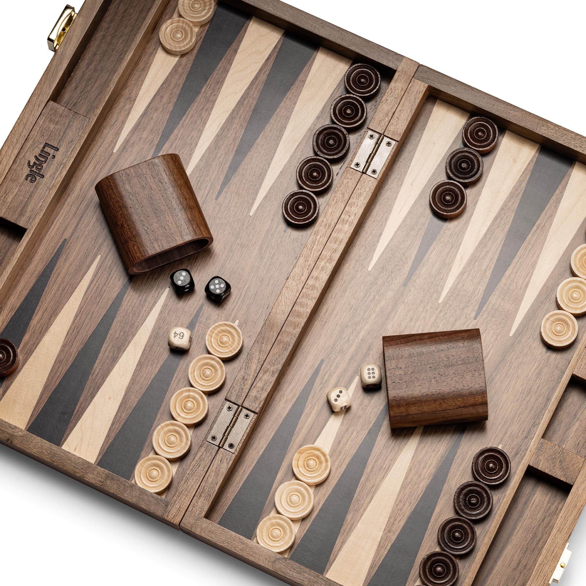 Set da backgammon pieghevole Lingle in noce naturale da 36,83 cm, per adulti e bambini. Include 30 pedine in corno artificiale, 2 coppe per dadi in noce e 5 dadi in legno
