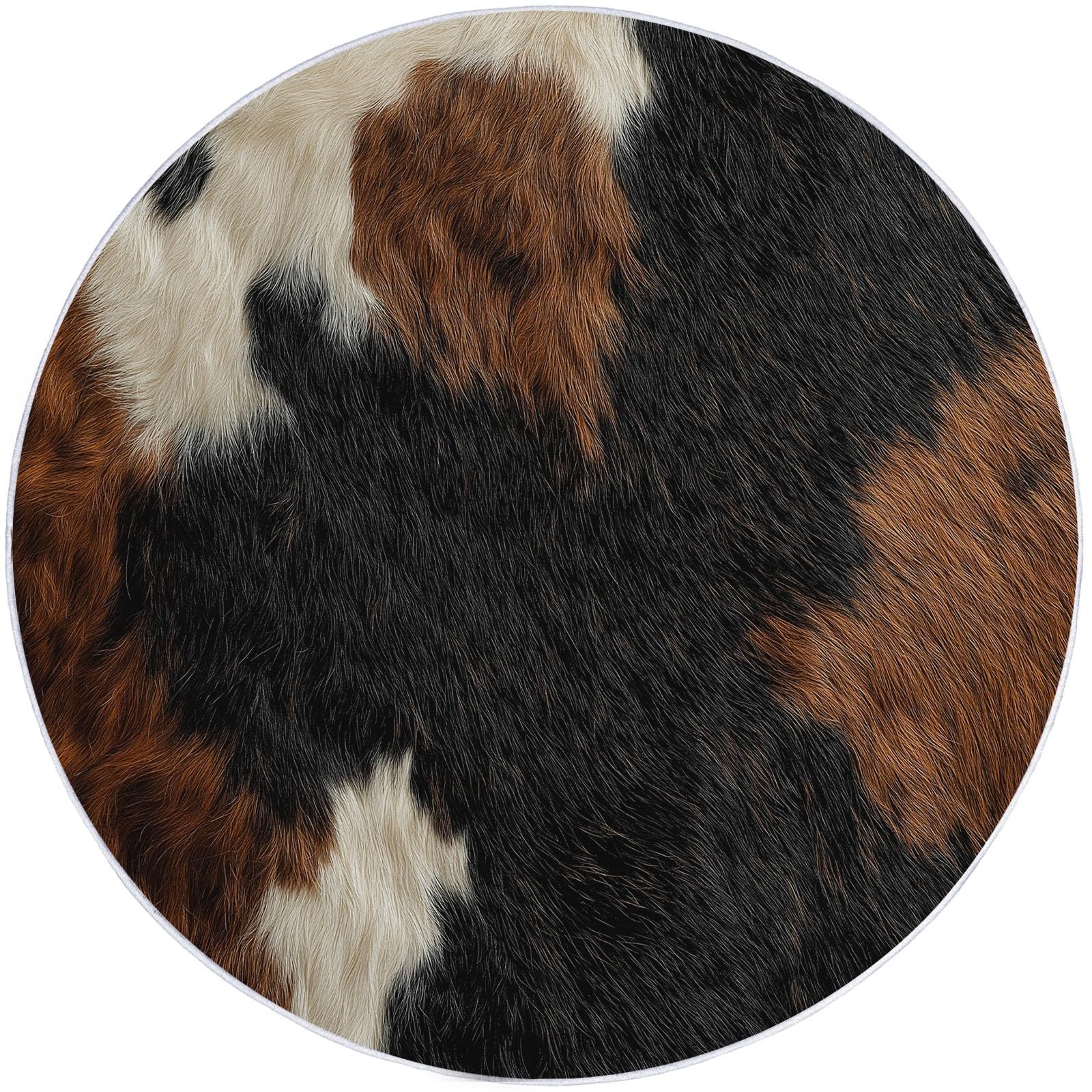 Générique Tapis Rond Lavable 120 cm – Motif Peau De Vache Texture, Tapis Rond antidérapant à Poils Ras, Noir pour Salon Chambre Cuisine Balcon Terrasse et Salle à Manger