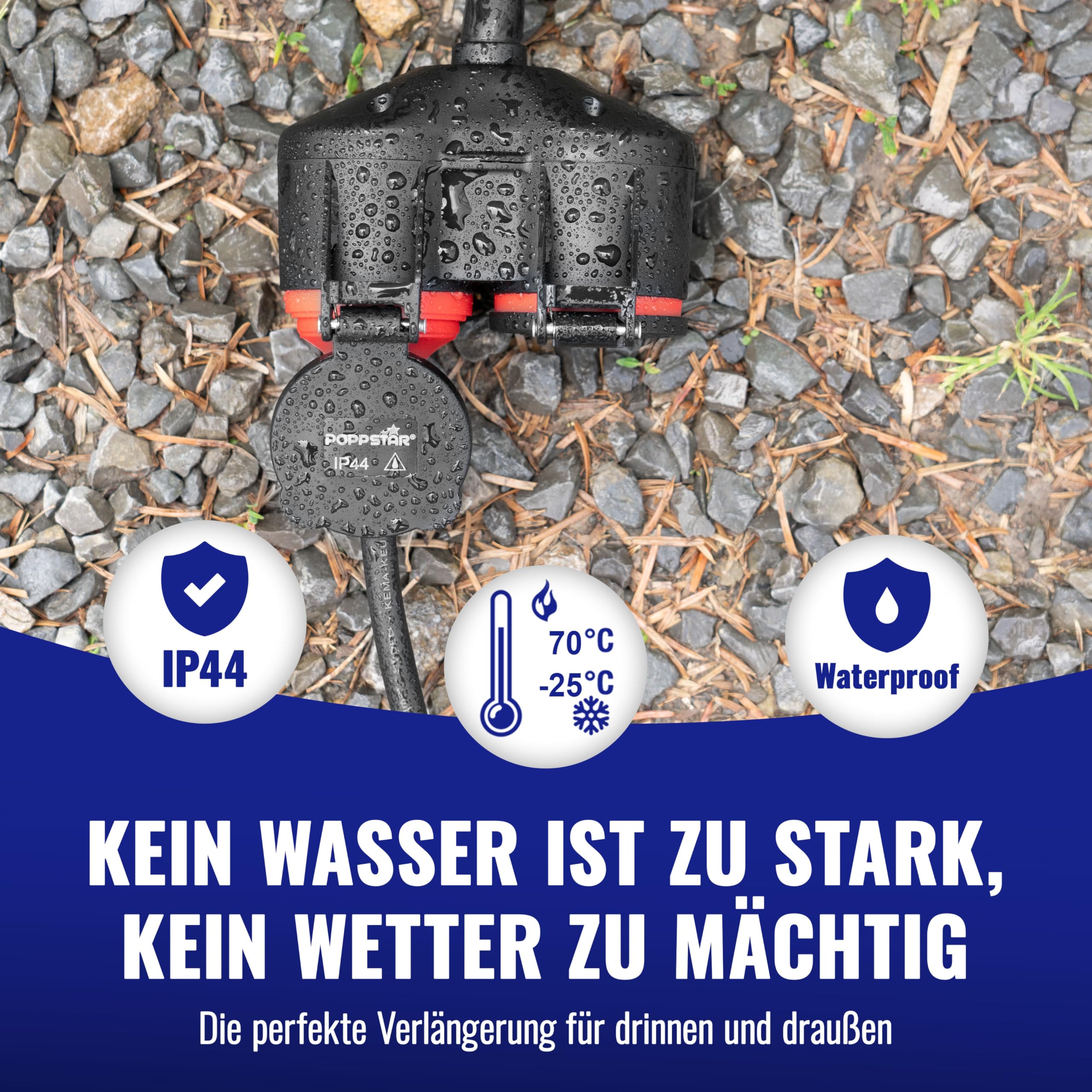 Poppstar Verlängerungskabel Outdoor 10m (Schuko Doppelsteckdose 2-Fach, IP44, 16A/3680W, H05RR-F 3G1.5), schwarz/rot