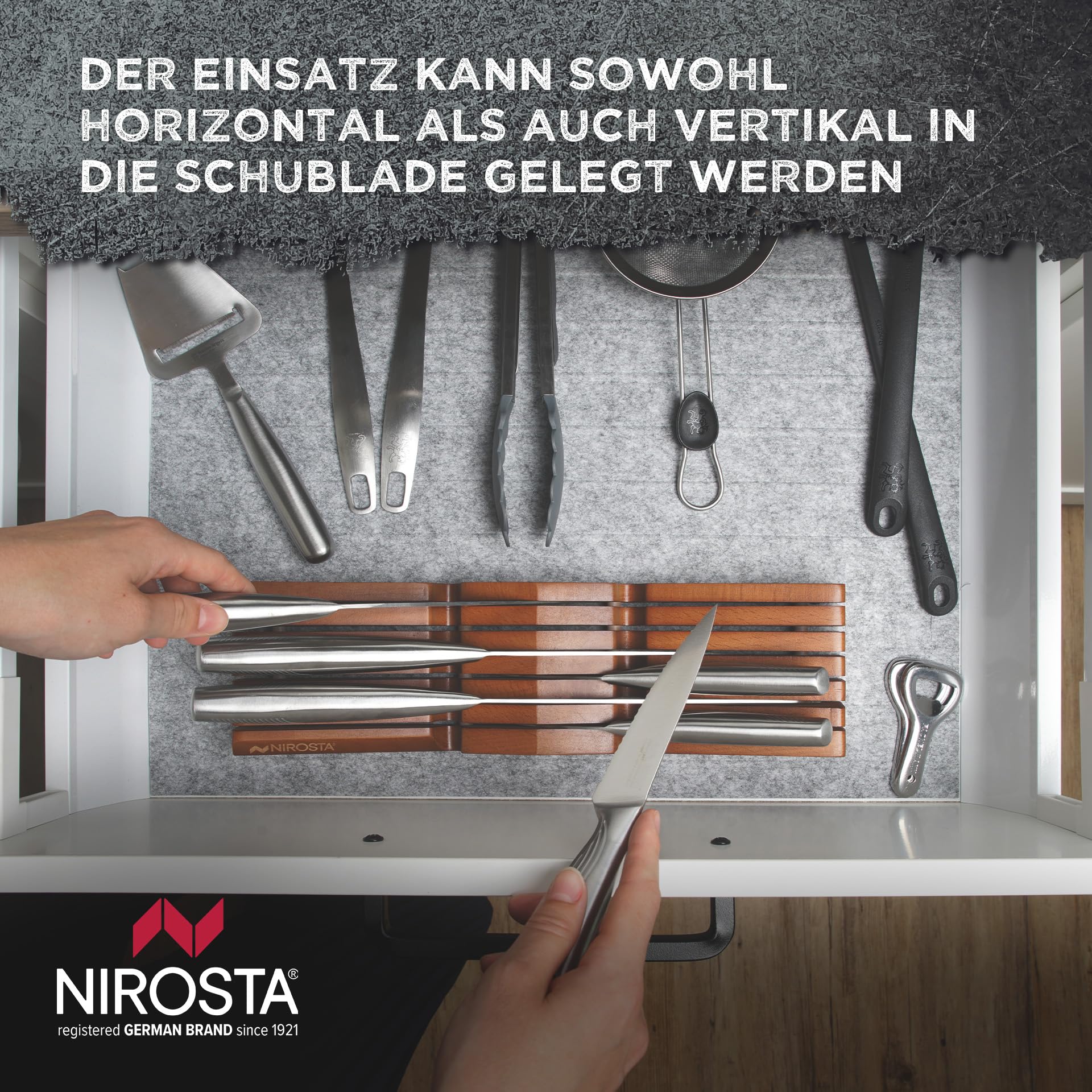 Nirosta Inserto per cassetto per coltelli in legno di faggio sostenibile – Inserto per coltello vuoto per cassetto con spazio per 6 coltelli, protegge le lame dei tuoi coltelli da cucina