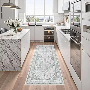 Madane Washable Runner Rug - 2x6 Rug Runners for Hallways 6 Foot Non Slip Vintage Kitchen Runner Rug Ultra-Thin Bathroom Runner Rugs Carpet Laundry Room Bedroom (2x6ft, Grey)