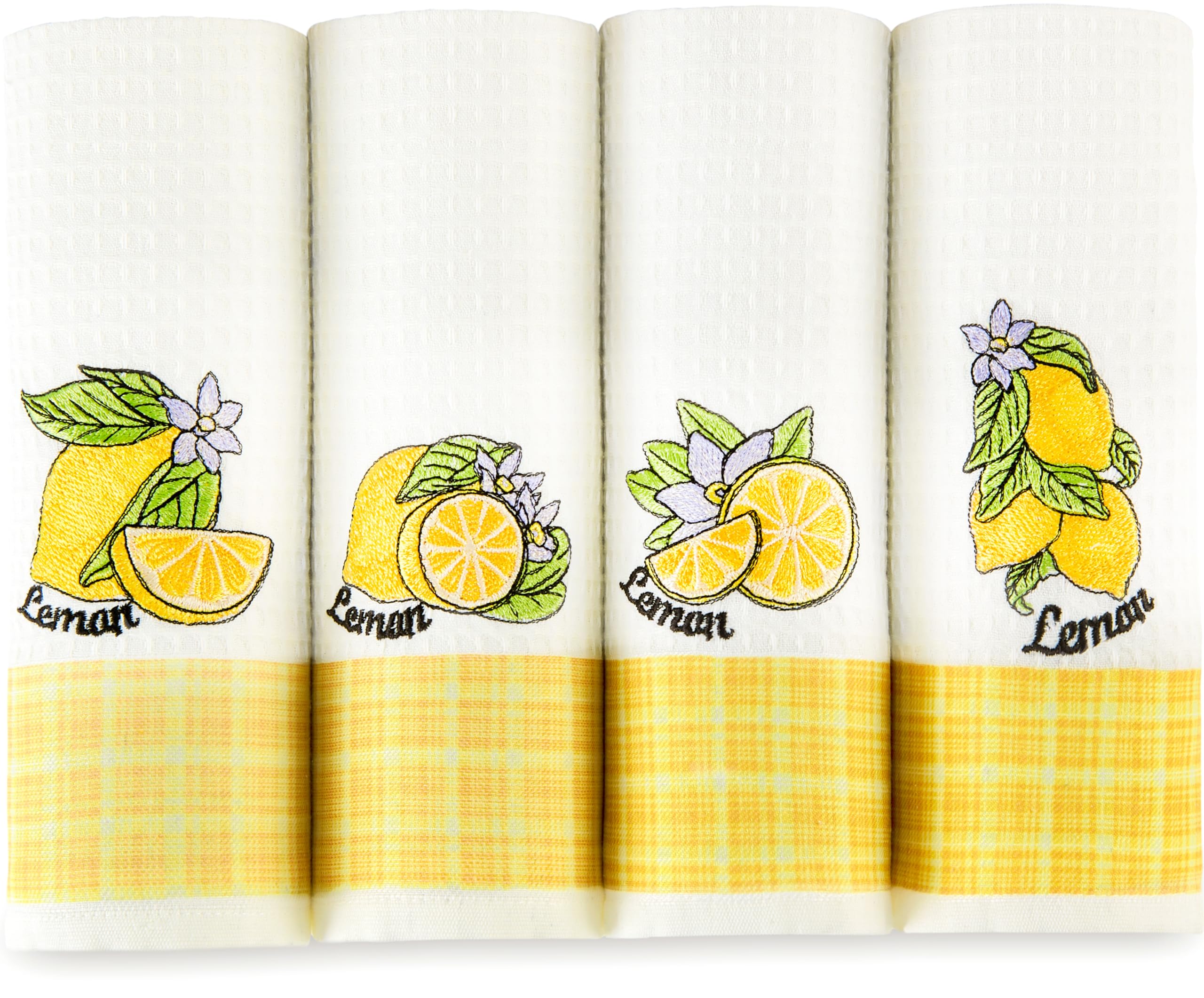 Lemons Embroidered Cotton Kitchen Towels (Set of 4), 24x16inches