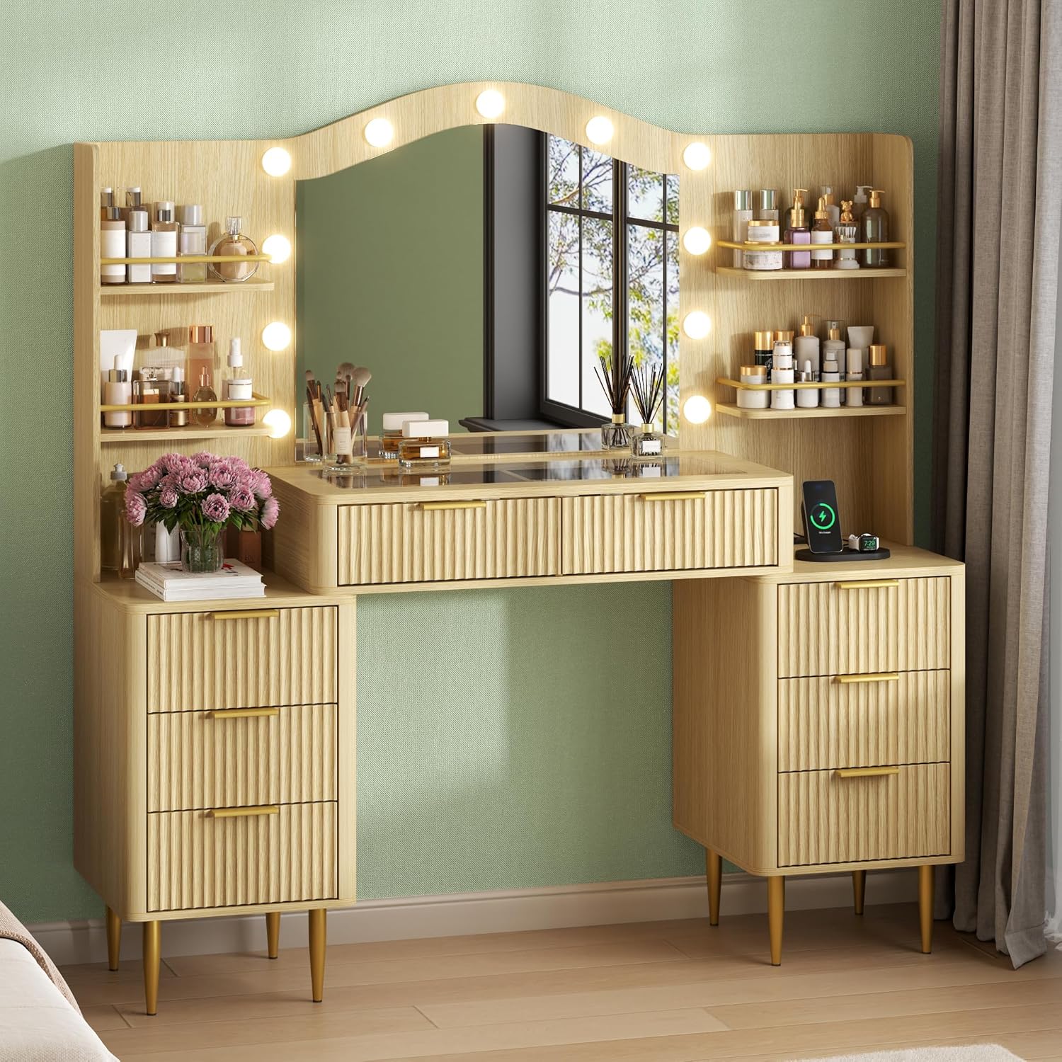 55” Fluted Makeup Vanity Desk with Mirror, Vanity Table w/ Glass Top, Power Outlet and 11 Lights, Large Vanities w/ 8 Drawers & 4 Shelves, Women’s Dressing Vanities for Bedroom, Dressing Room(Oak)